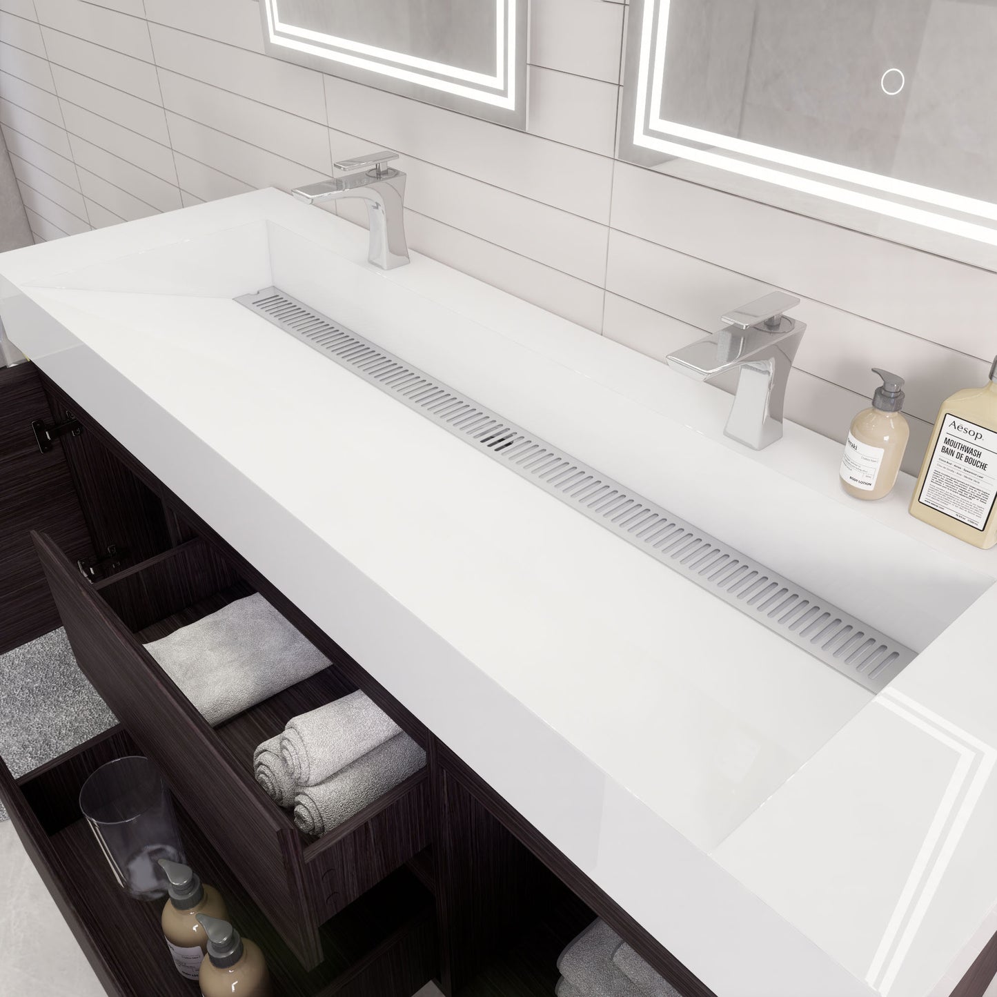 Monterey 60" Dark Gray Oak Wall Mounted Vanity with Reinforced Acrylic Sinks