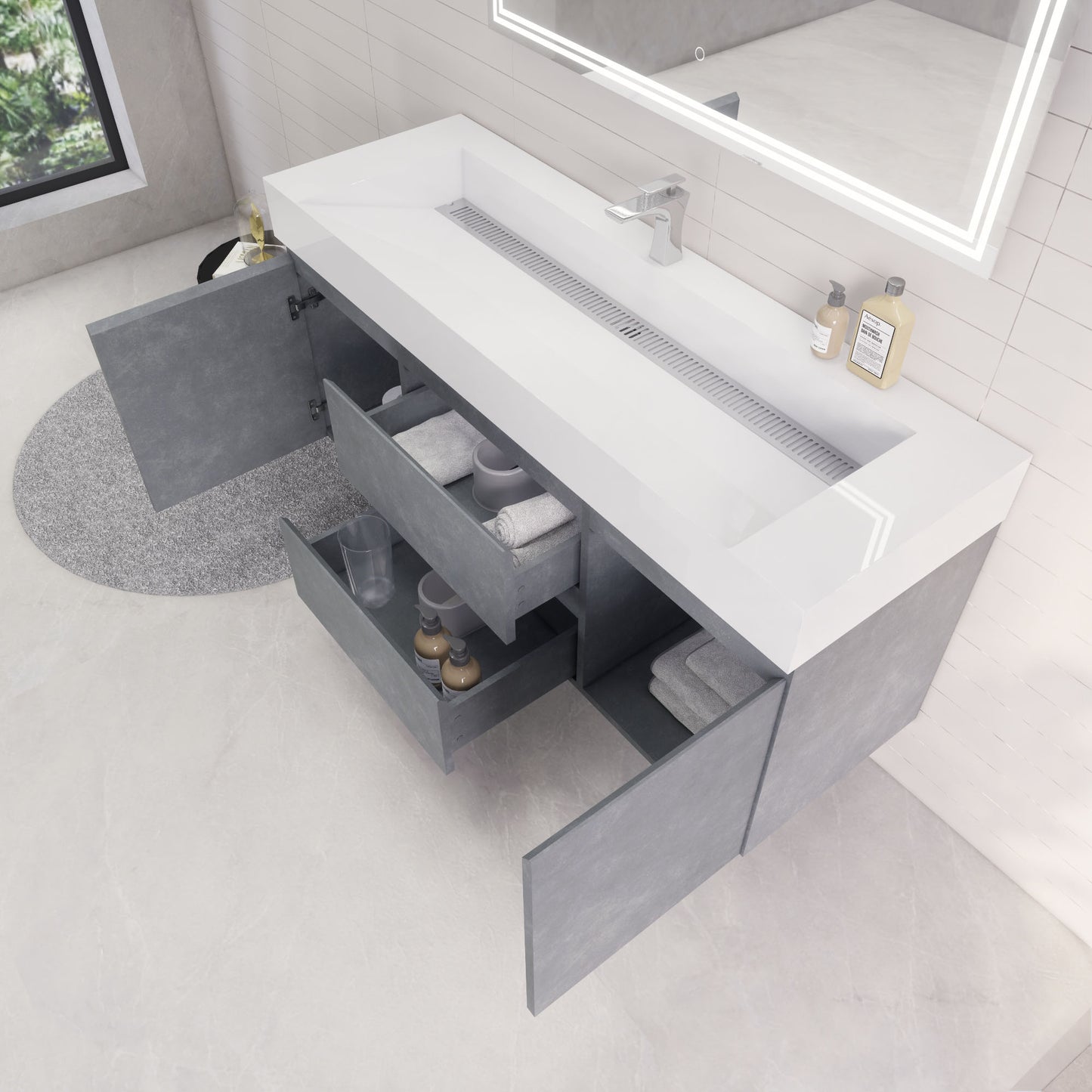 Monterey 60" Cement Gray Wall Mounted Vanity with Reinforced Acrylic Sink