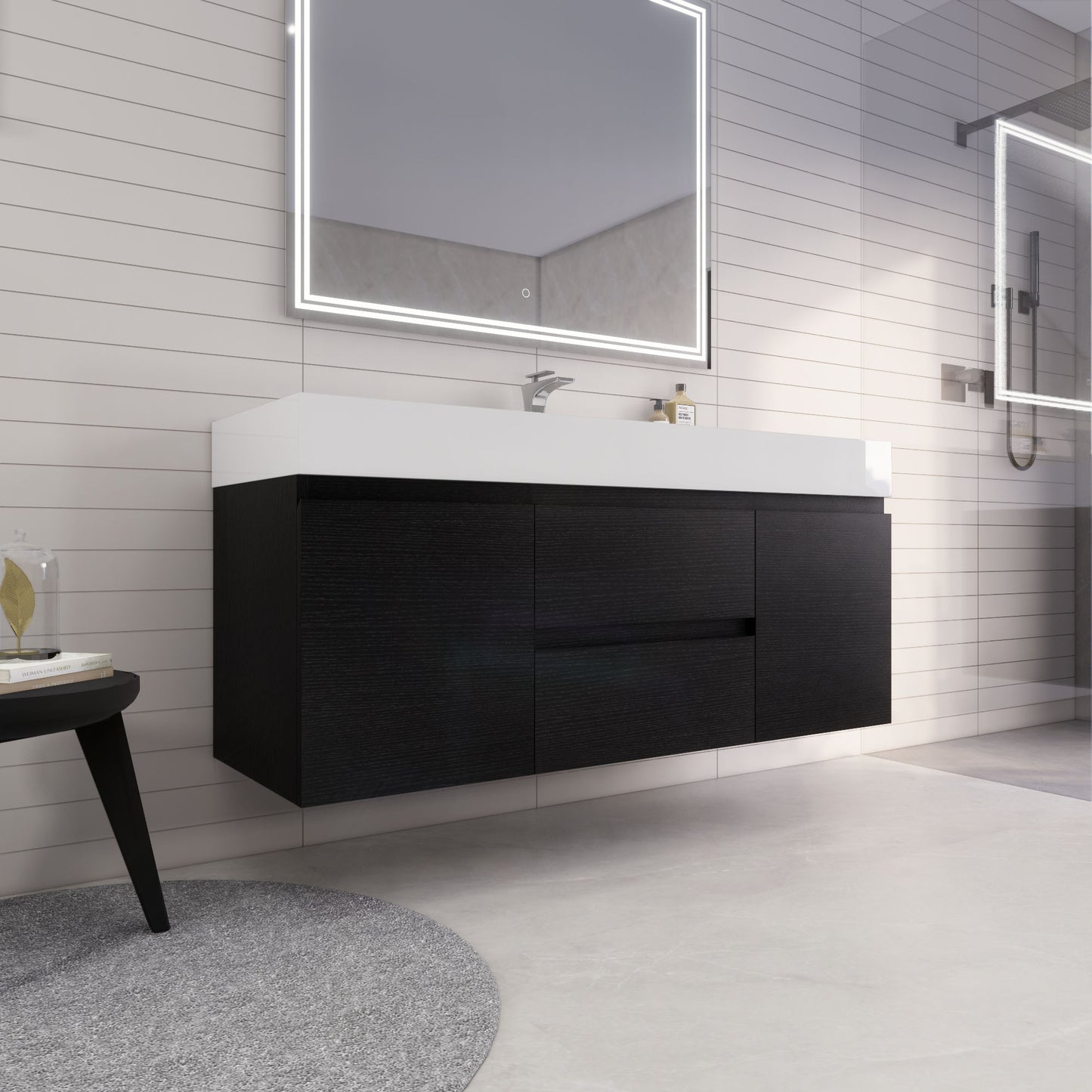 Monterey 60" Rich Black Wall Mounted Vanity with Reinforced Acrylic Sink