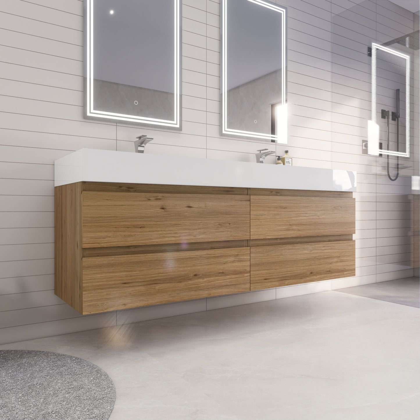 Monterey 72" Natural Oak Wall Mounted Vanity with Reinforced Acrylic Sinks