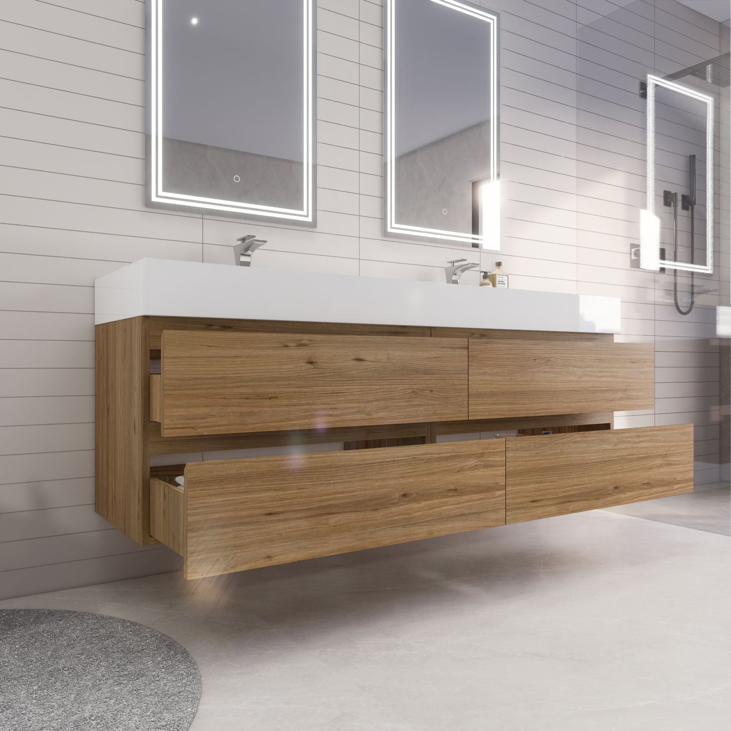 Monterey 72" Natural Oak Wall Mounted Vanity with Reinforced Acrylic Sinks