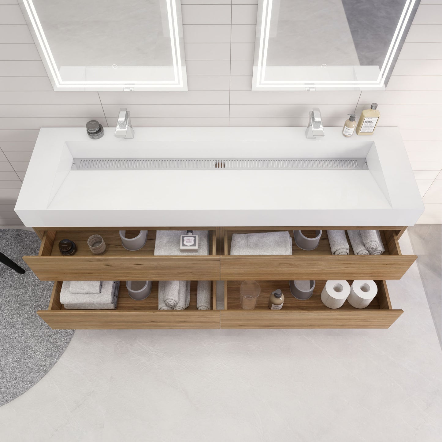 Monterey 72" Natural Oak Wall Mounted Vanity with Reinforced Acrylic Sinks
