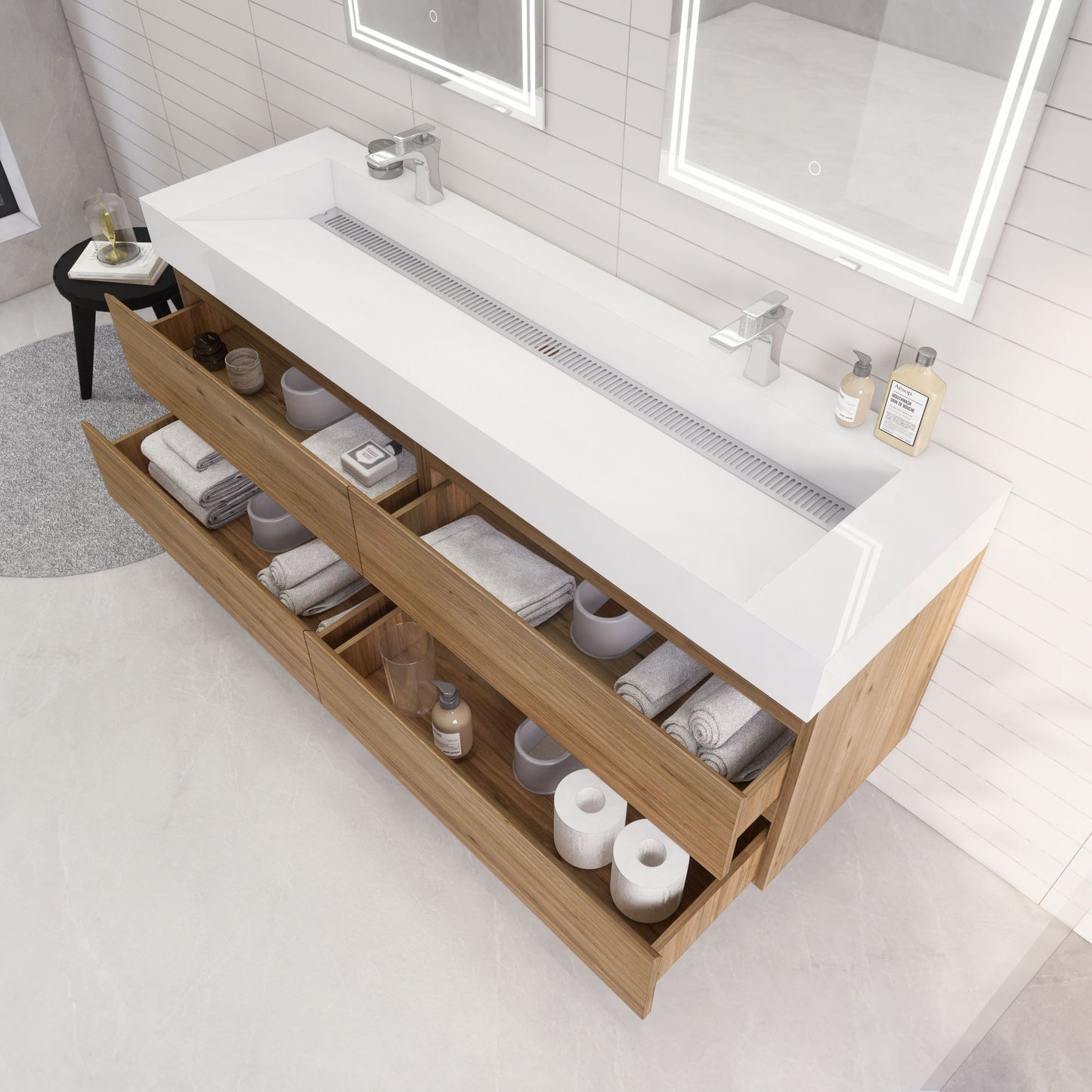 Monterey 72" Natural Oak Wall Mounted Vanity with Reinforced Acrylic Sinks