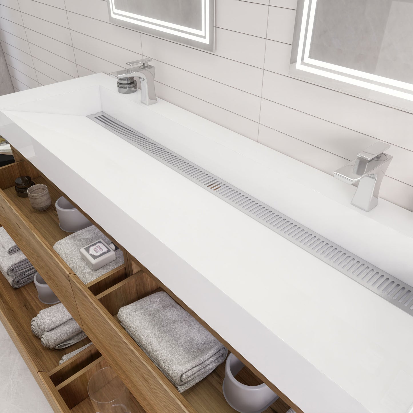 Monterey 72" Natural Oak Wall Mounted Vanity with Reinforced Acrylic Sinks