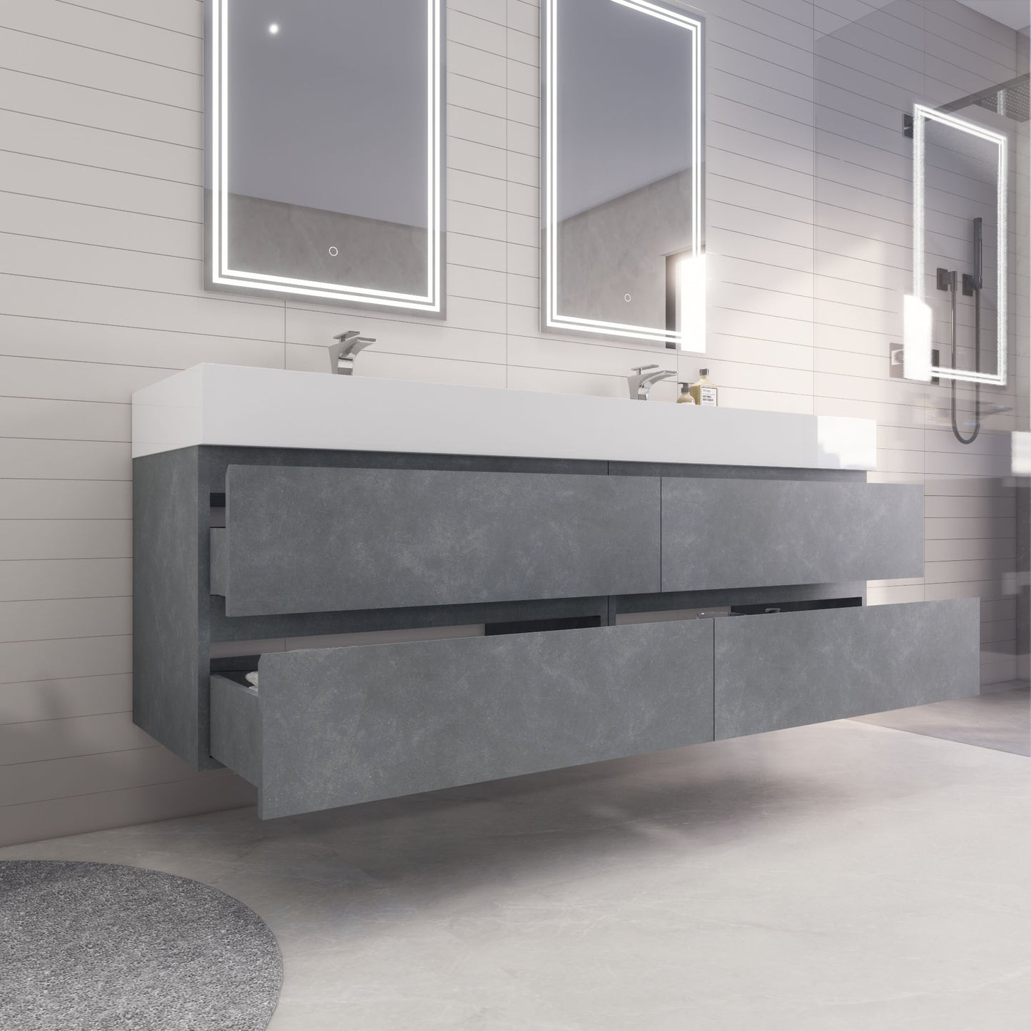Monterey 72" Cement Gray Wall Mounted Vanity with Reinforced Acrylic Sinks