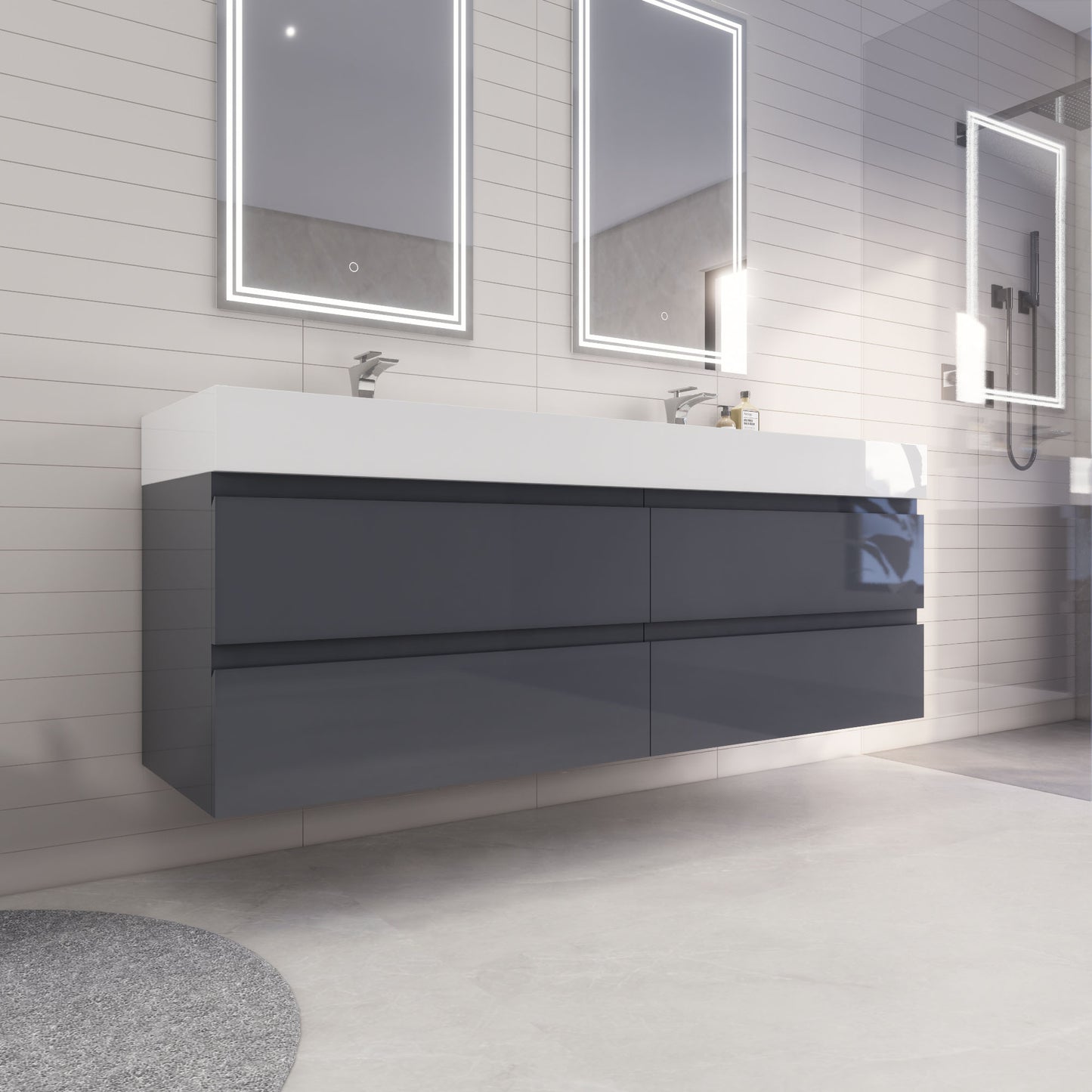 Monterey 72" Glossy Gray Wall Mounted Vanity with Reinforced Acrylic Sinks