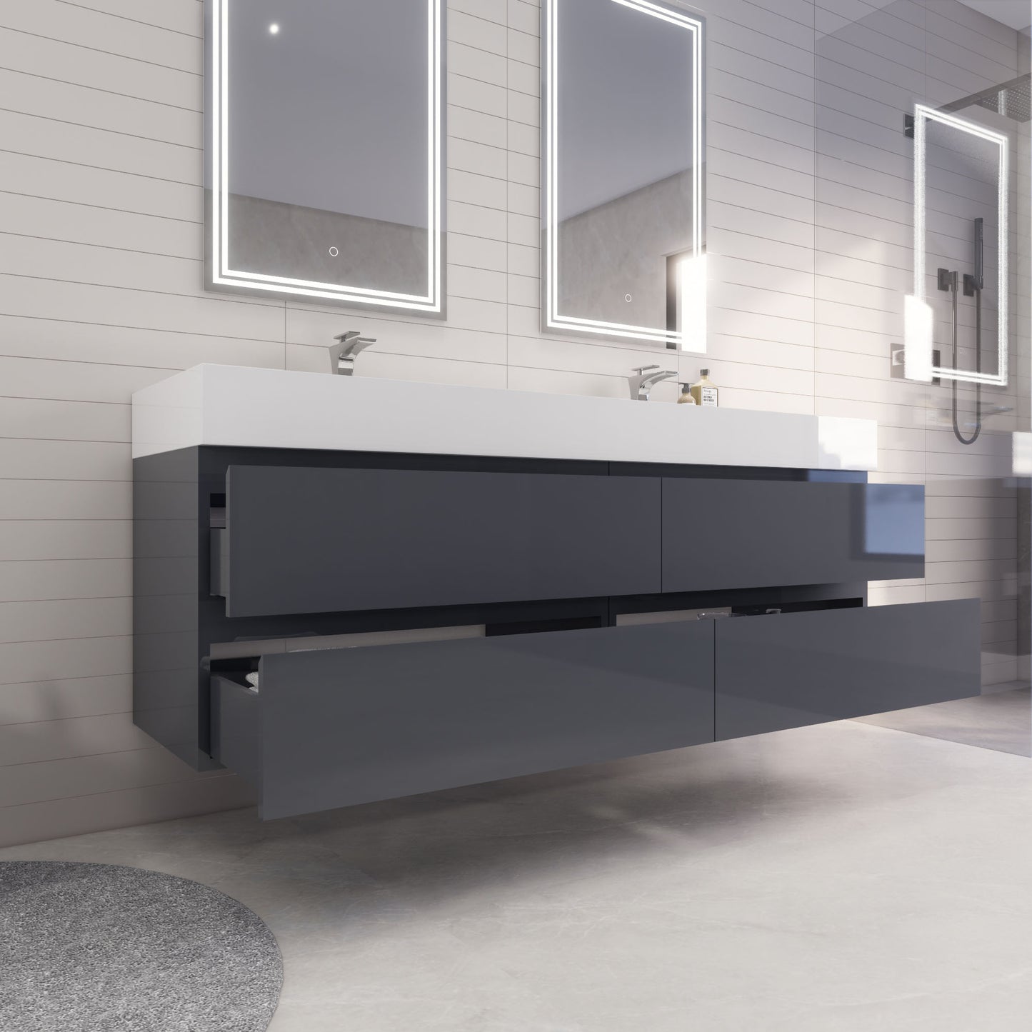Monterey 72" Glossy Gray Wall Mounted Vanity with Reinforced Acrylic Sinks
