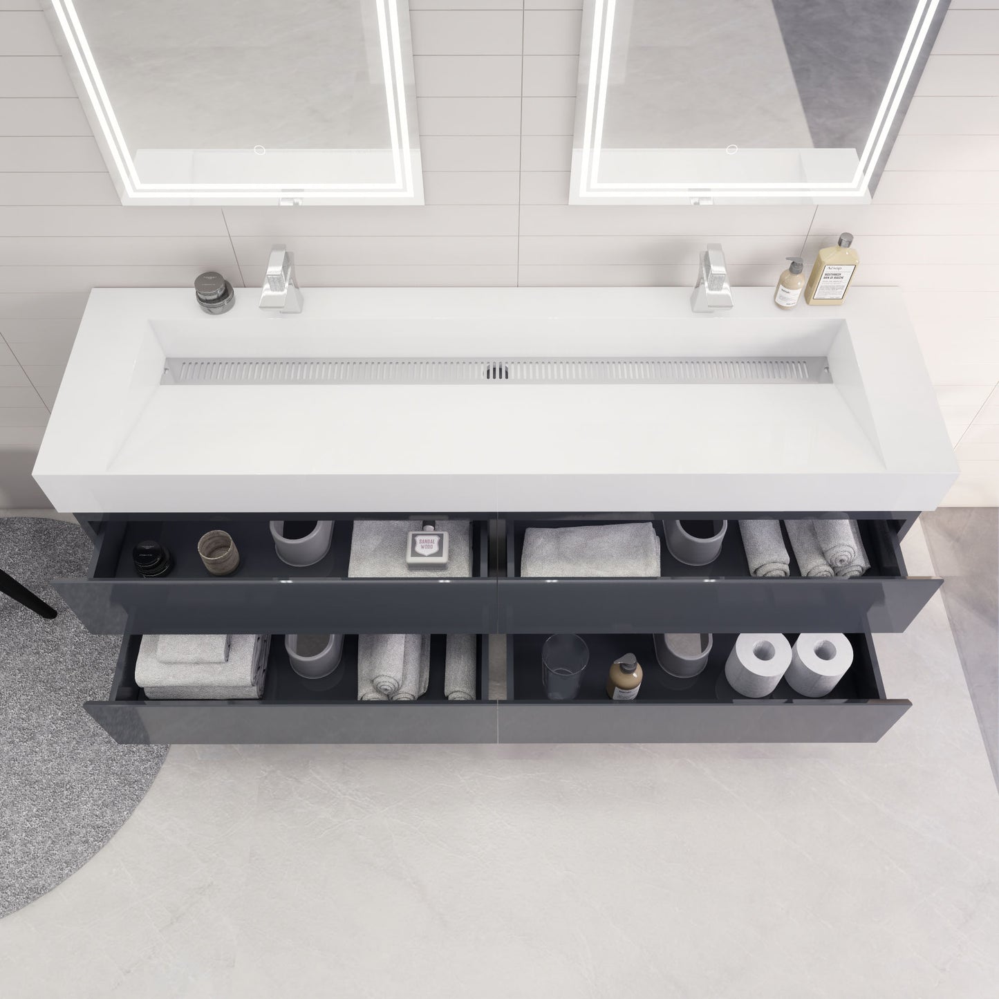 Monterey 72" Glossy Gray Wall Mounted Vanity with Reinforced Acrylic Sinks