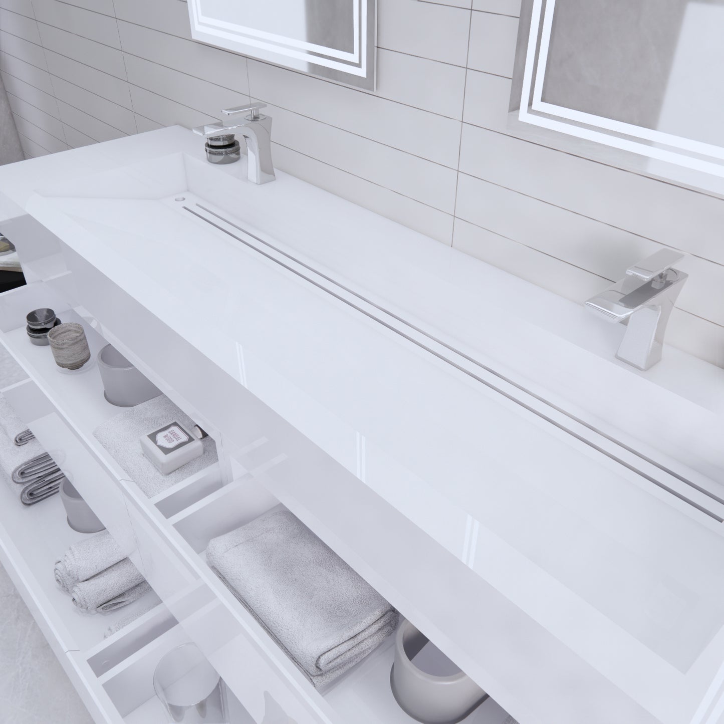 Monterey 72" Glossy White Wall Mounted Vanity with Reinforced Acrylic Sinks