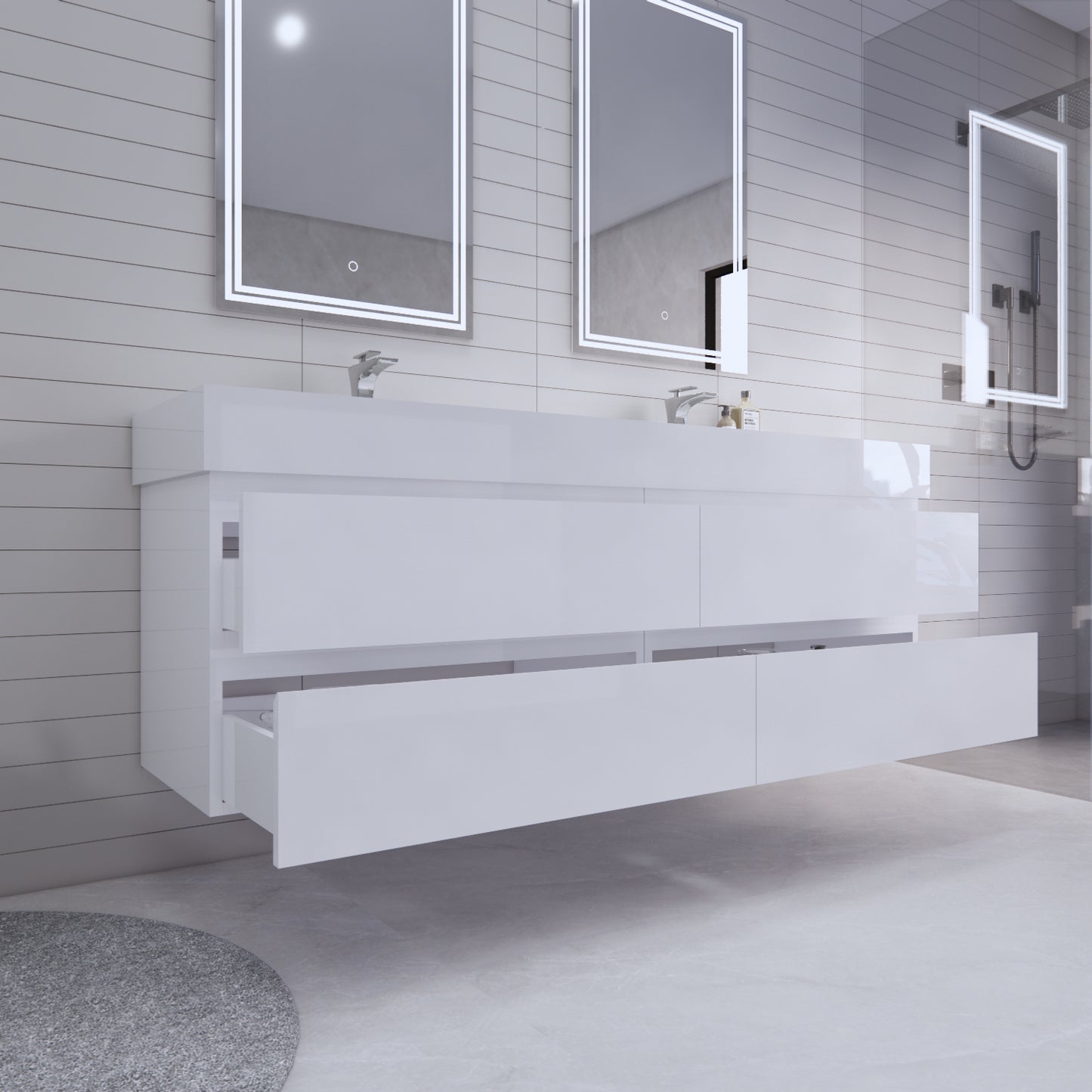 Monterey 72" Glossy White Wall Mounted Vanity with Reinforced Acrylic Sinks