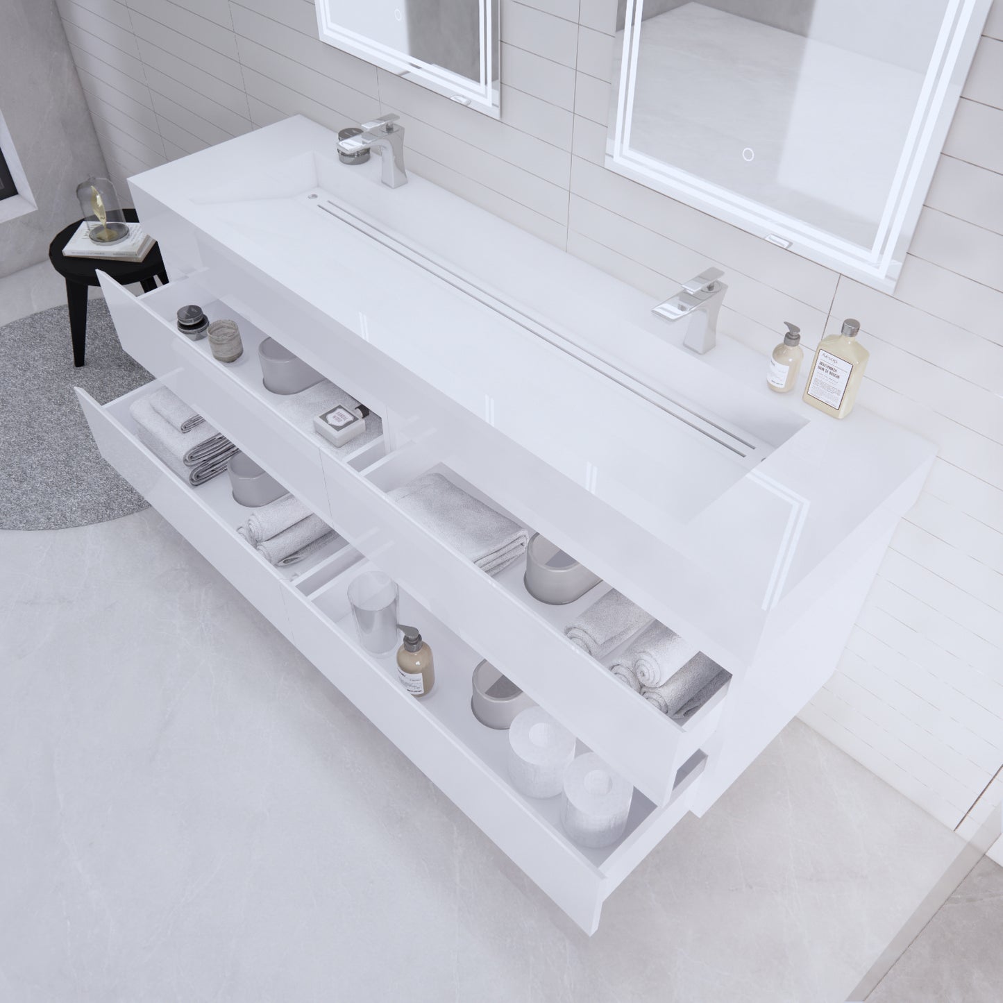 Monterey 72" Glossy White Wall Mounted Vanity with Reinforced Acrylic Sinks