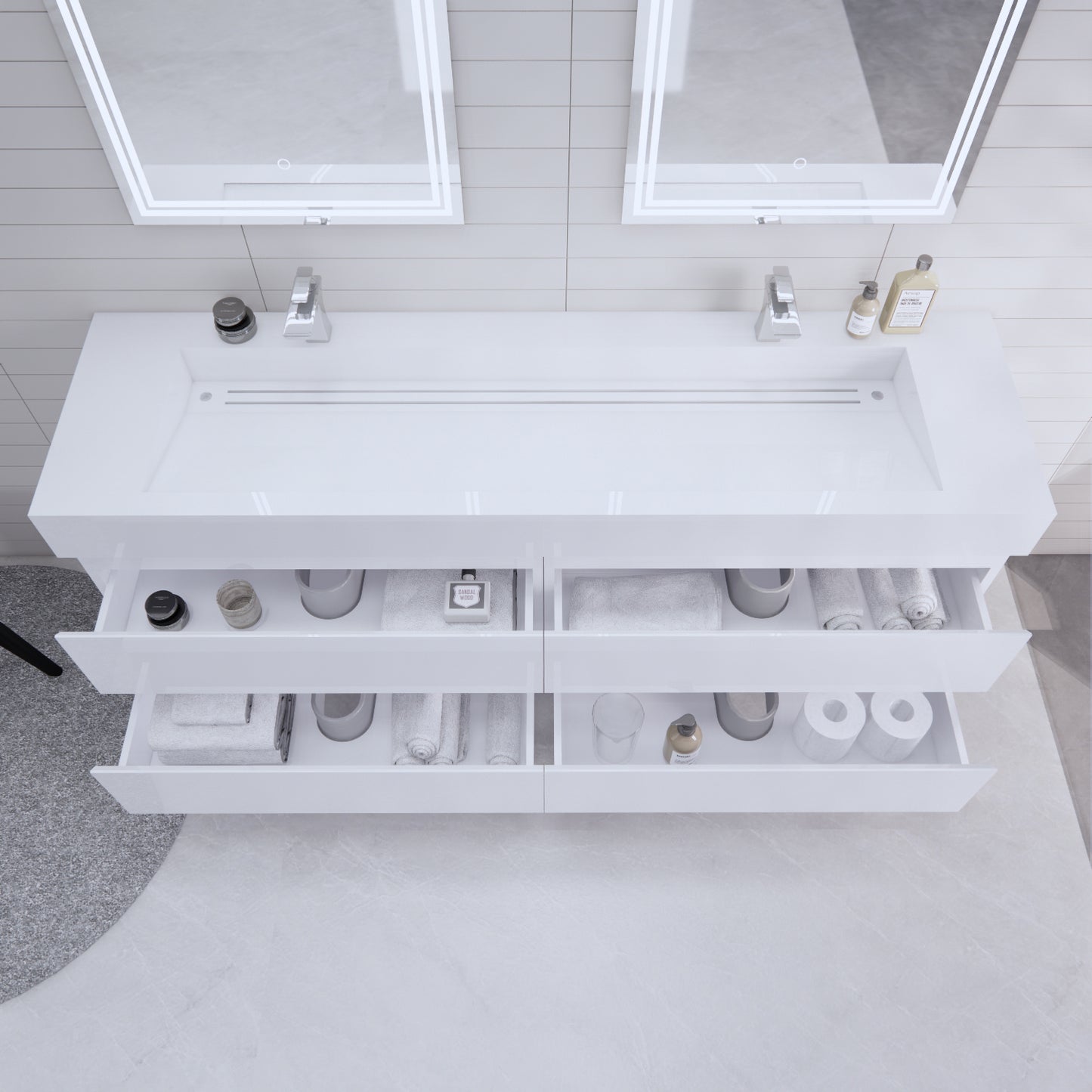 Monterey 72" Glossy White Wall Mounted Vanity with Reinforced Acrylic Sinks