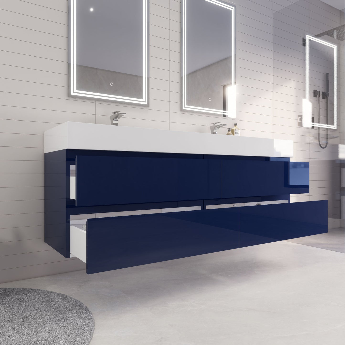 Monterey 72" Night Blue Wall Mounted Vanity with Reinforced Acrylic Sinks