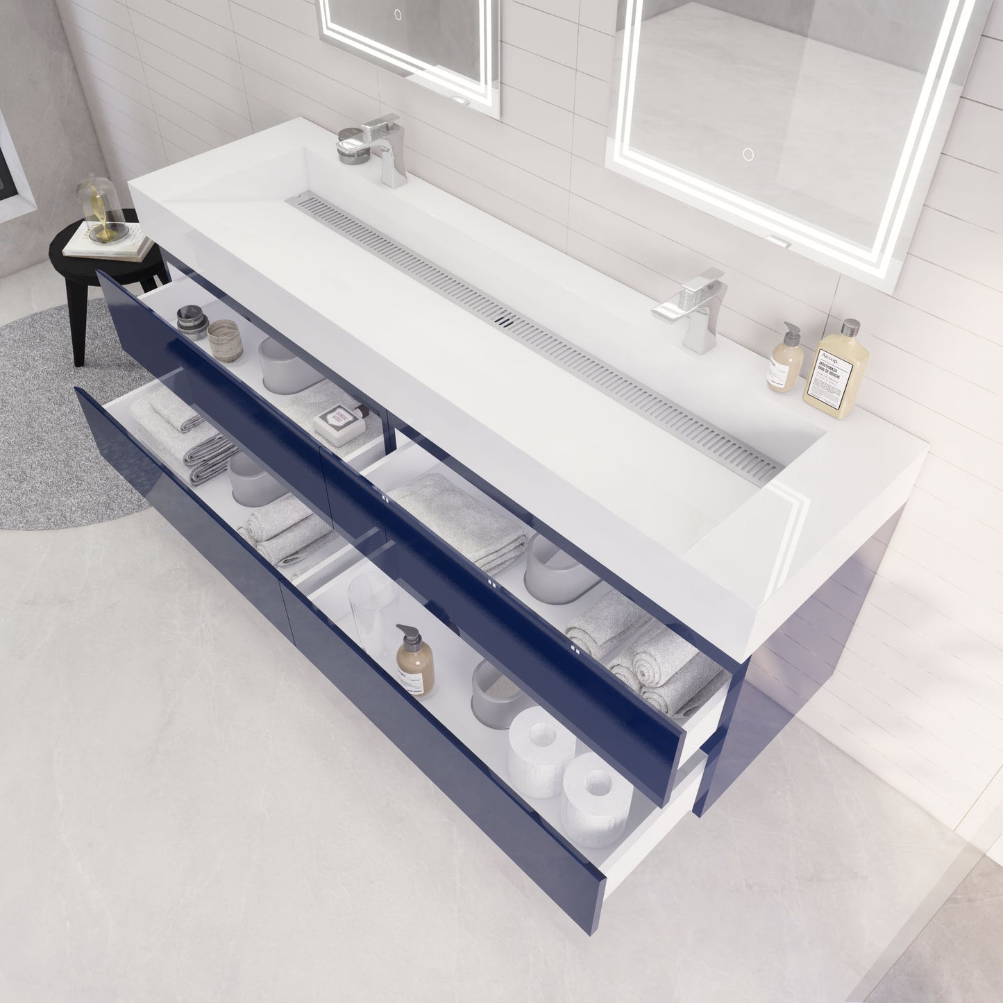 Monterey 72" Night Blue Wall Mounted Vanity with Reinforced Acrylic Sinks