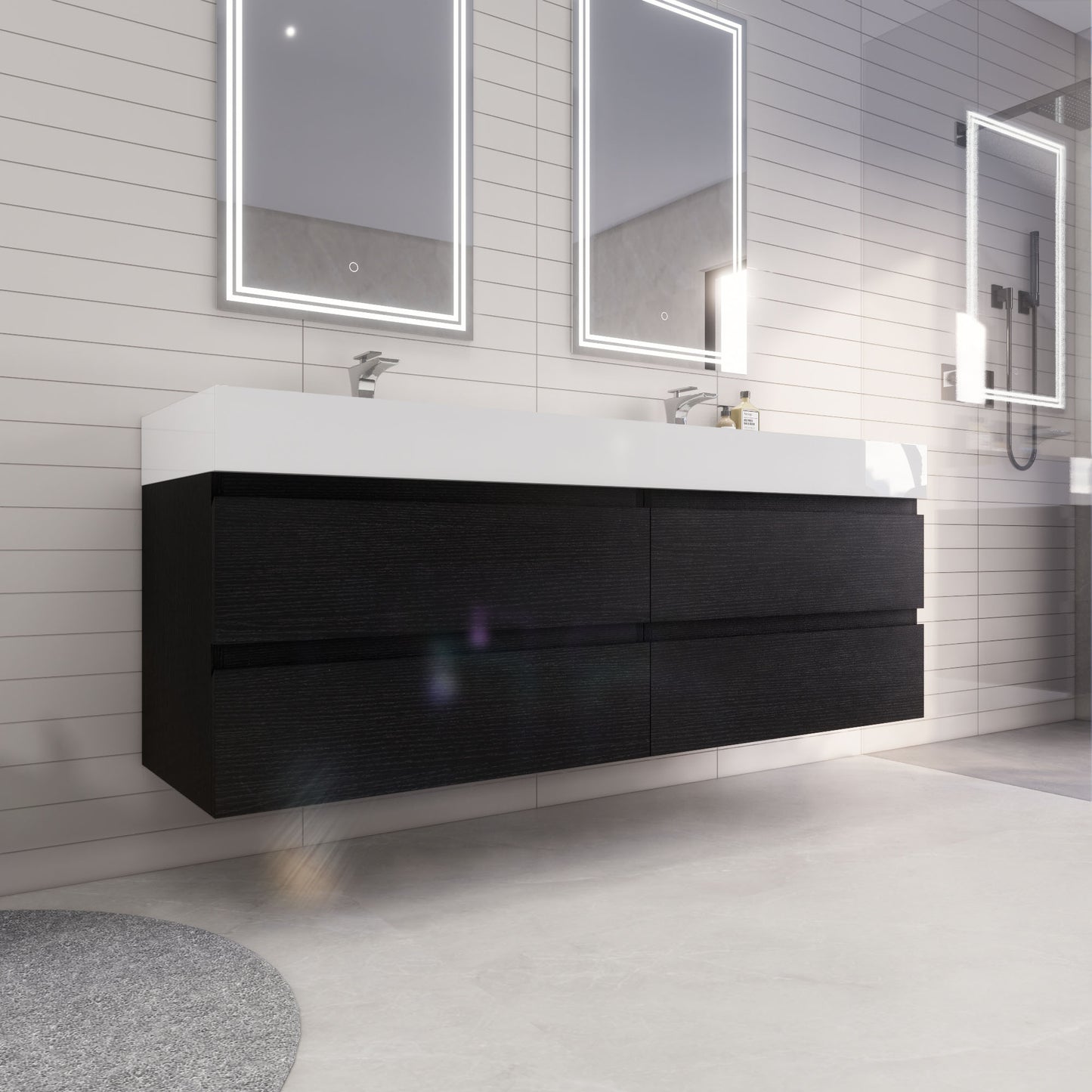 Monterey 72" Rich Black Wall Mounted Vanity with Reinforced Acrylic Sinks