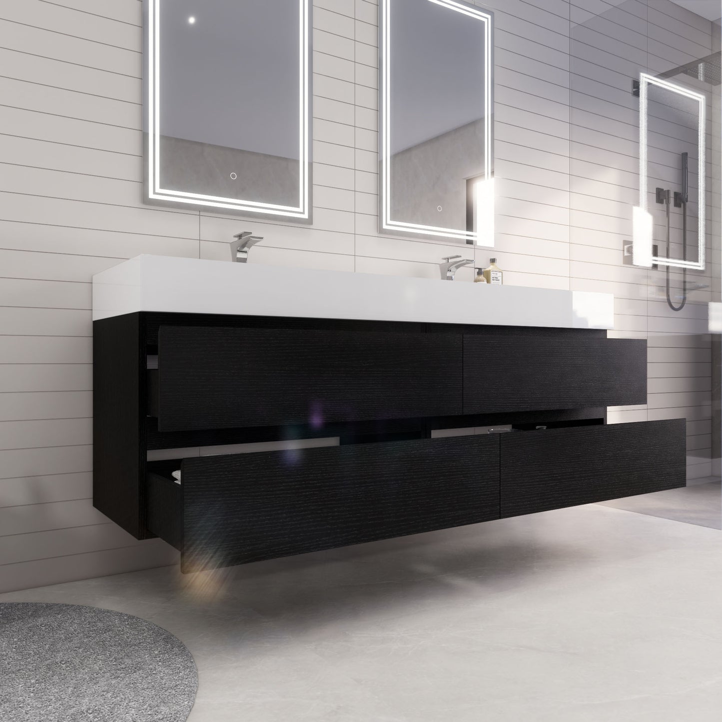 Monterey 72" Rich Black Wall Mounted Vanity with Reinforced Acrylic Sinks