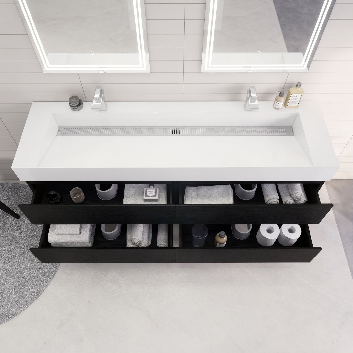 Monterey 72" Rich Black Wall Mounted Vanity with Reinforced Acrylic Sinks