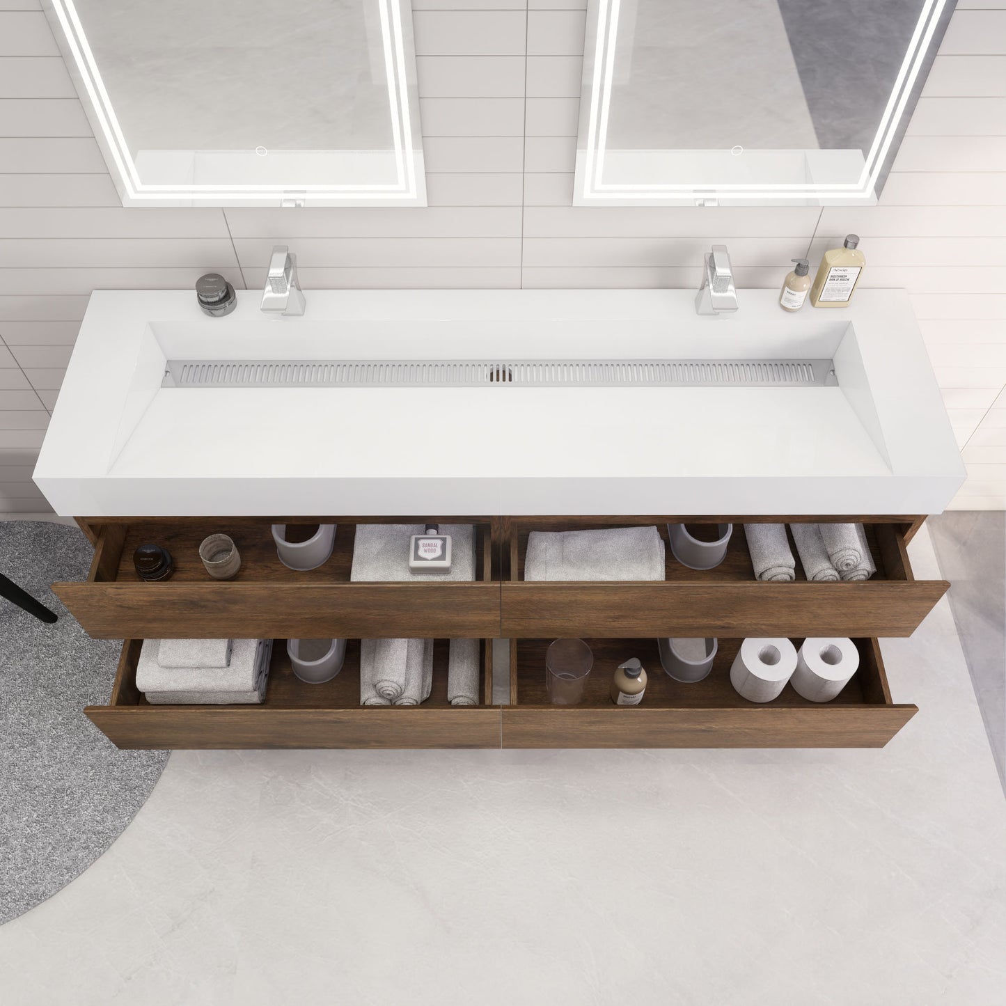 Monterey 72" Rosewood Wall Mounted Vanity with Reinforced Acrylic Sinks