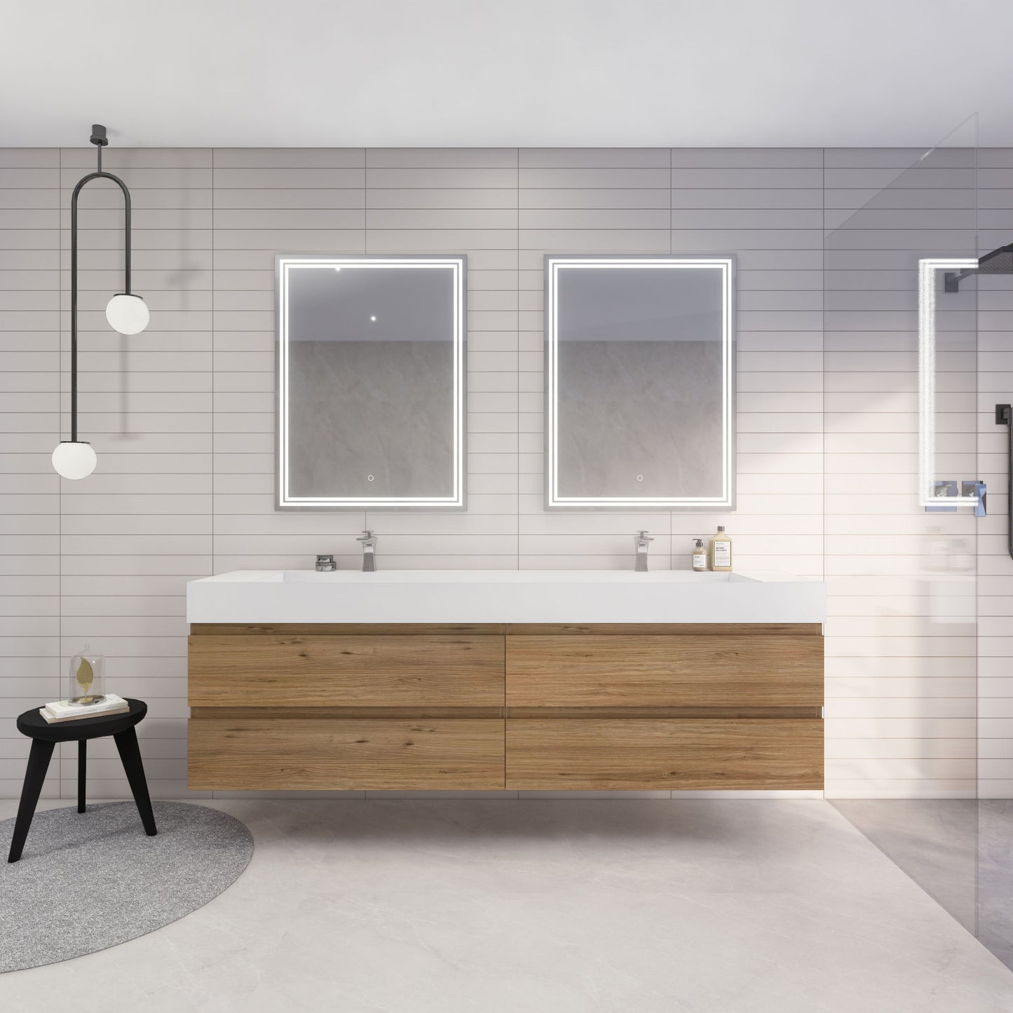 Monterey 84" Natural Oak Wall Mounted Vanity with Reinforced Acrylic Sinks