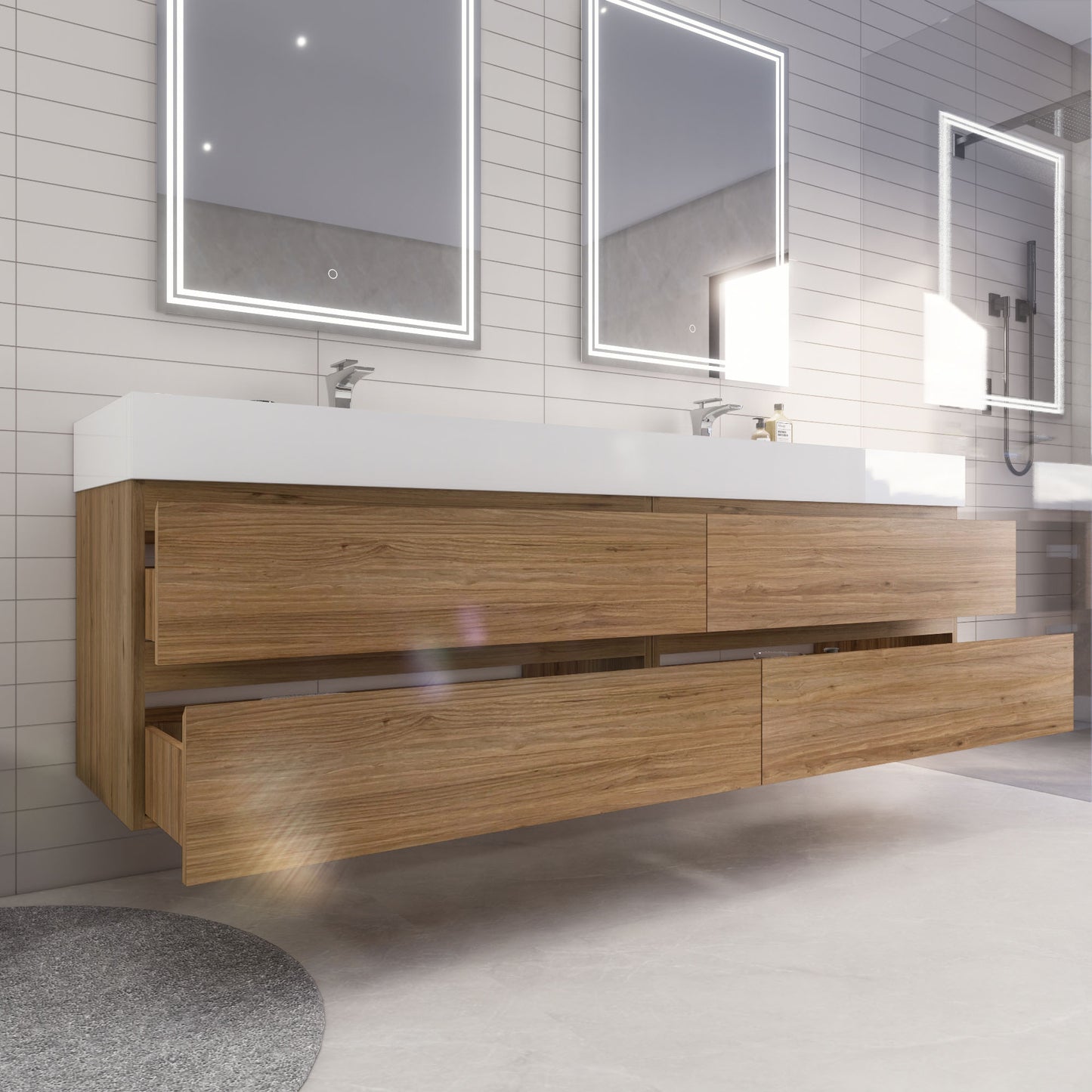 Monterey 84" Natural Oak Wall Mounted Vanity with Reinforced Acrylic Sinks