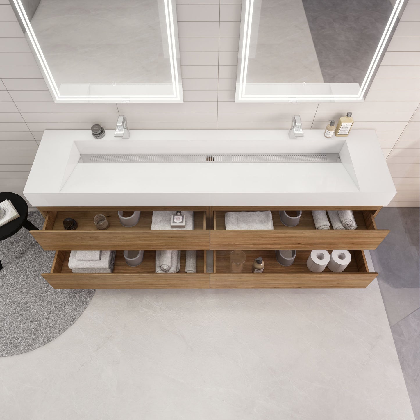 Monterey 84" Natural Oak Wall Mounted Vanity with Reinforced Acrylic Sinks
