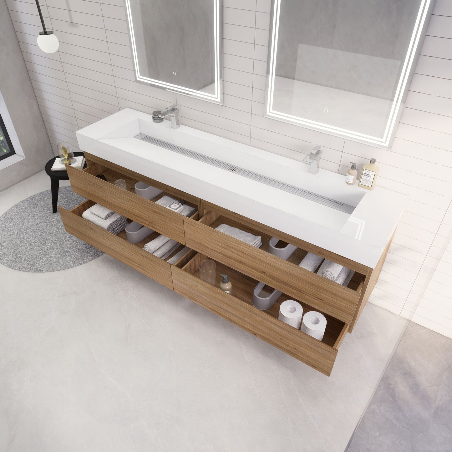 Monterey 84" Natural Oak Wall Mounted Vanity with Reinforced Acrylic Sinks