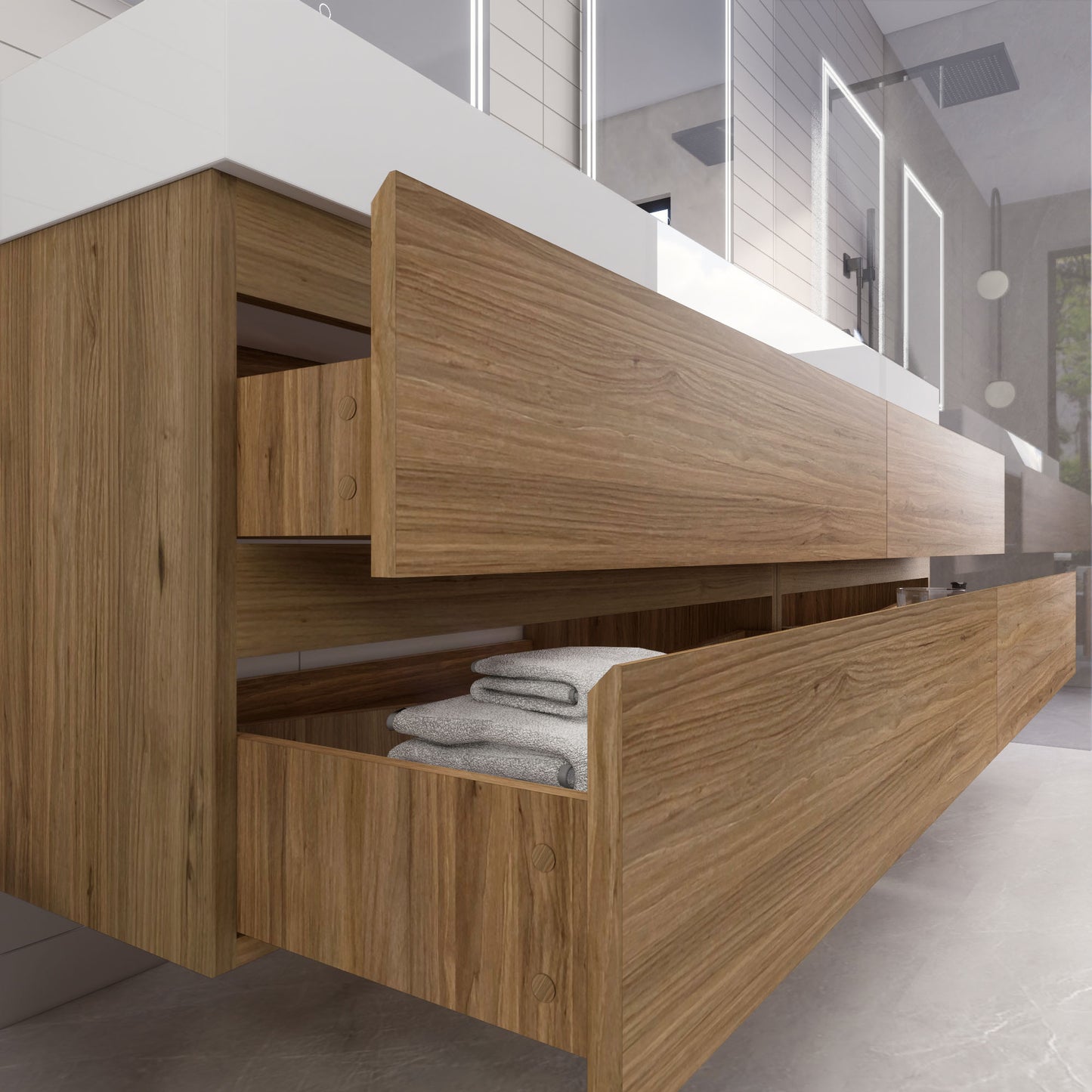 Monterey 84" Natural Oak Wall Mounted Vanity with Reinforced Acrylic Sinks