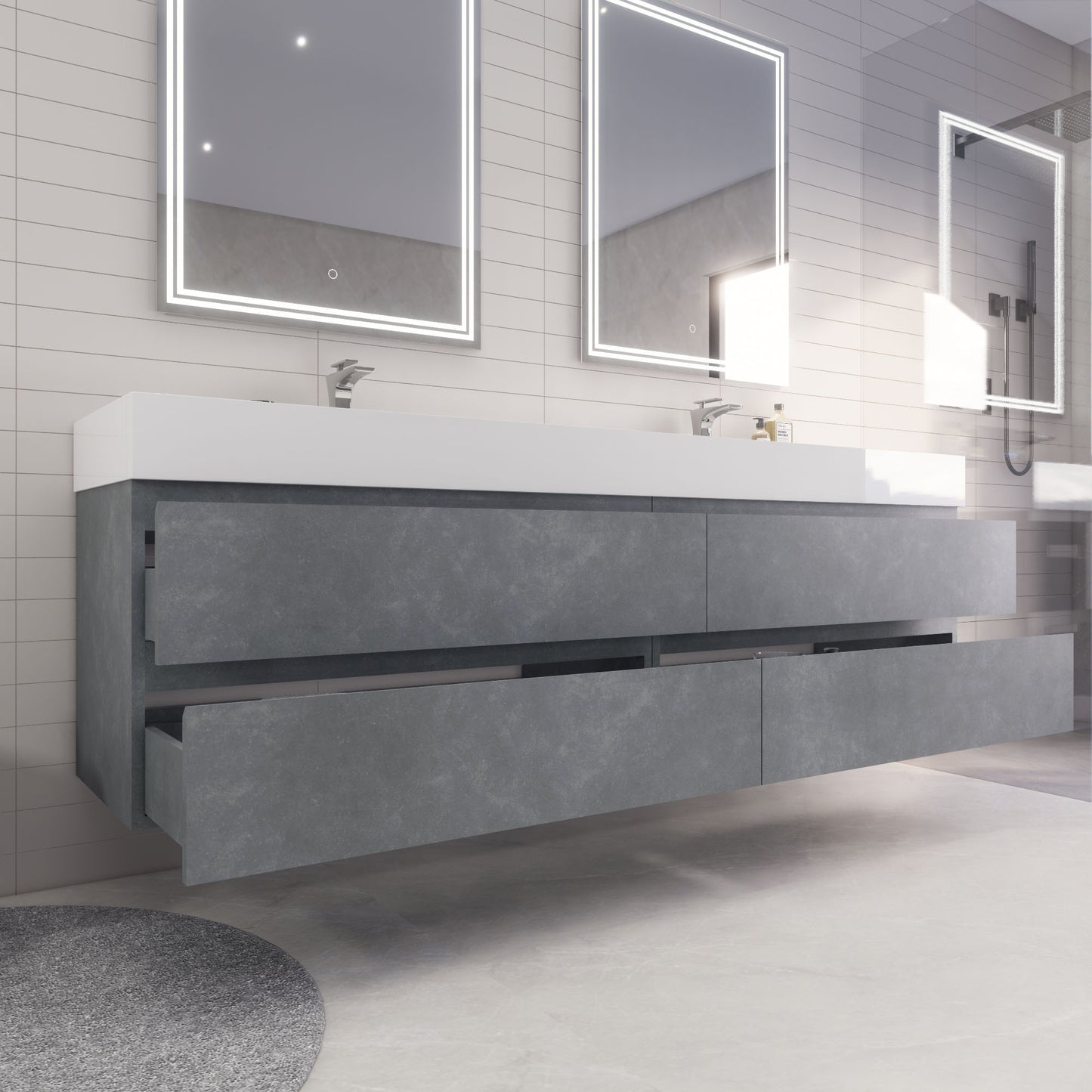 Monterey 84" Cement Gray Wall Mounted Vanity with Reinforced Acrylic Sinks