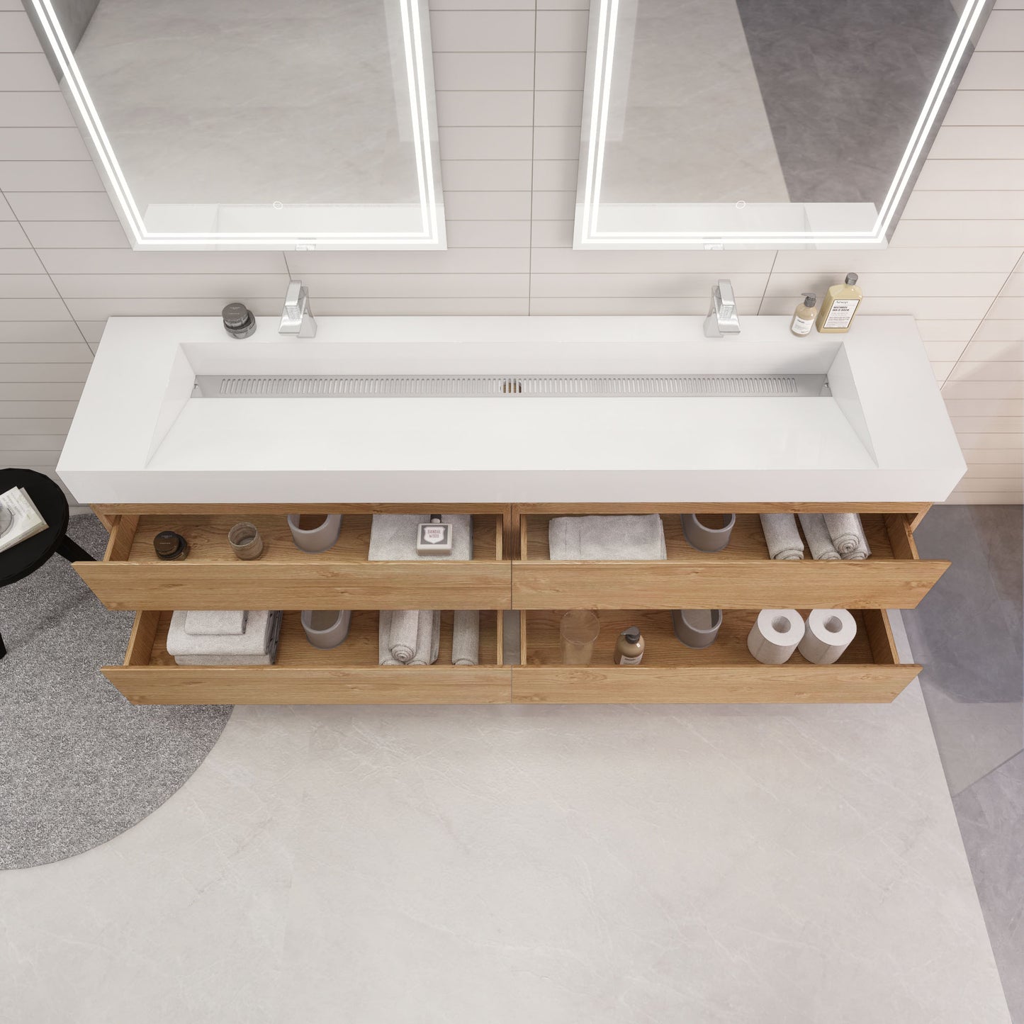 Monterey 84" New England Oak Wall Mounted Vanity with Reinforced Acrylic Sinks