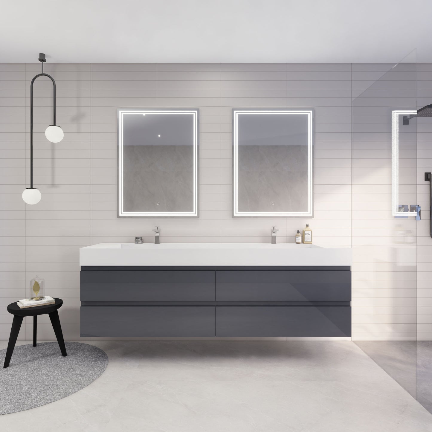 Monterey 84" Glossy Gray Wall Mounted Vanity with Reinforced Acrylic Sinks