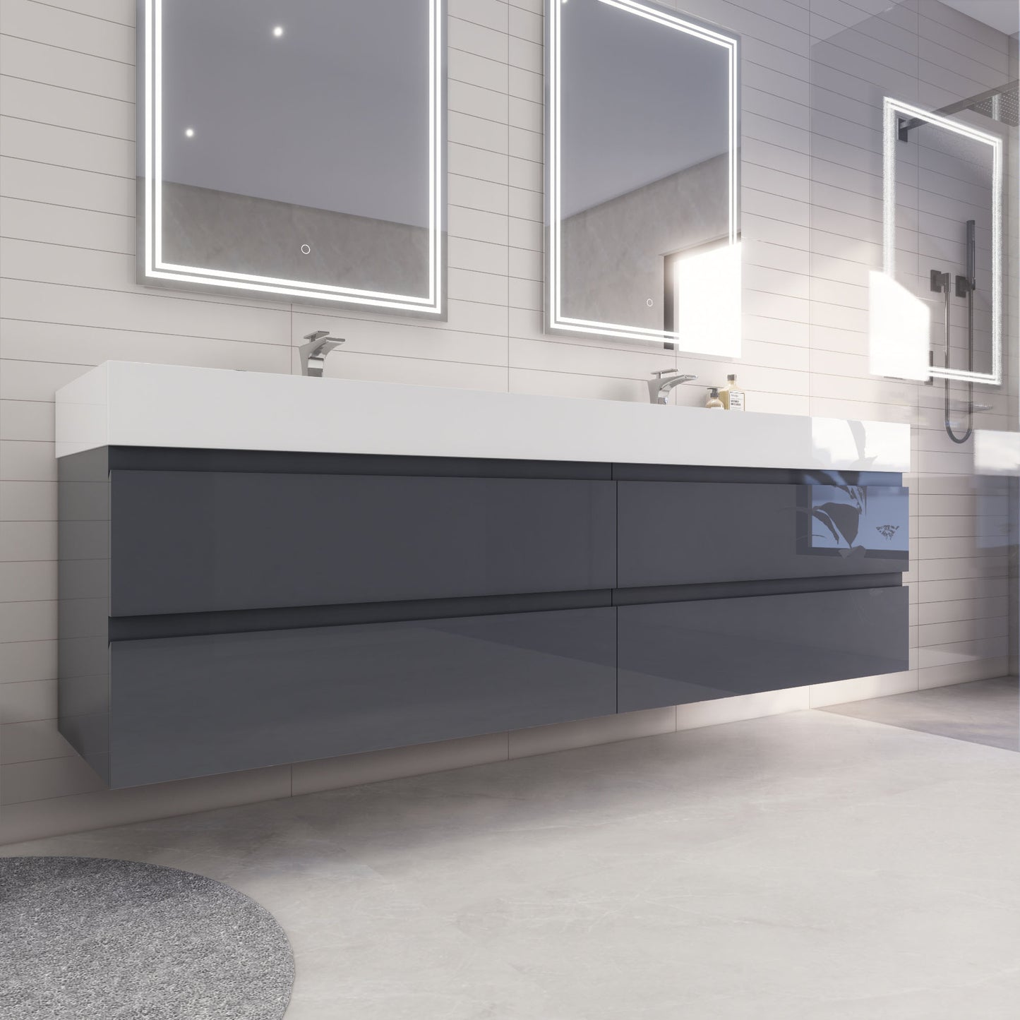 Monterey 84" Glossy Gray Wall Mounted Vanity with Reinforced Acrylic Sinks