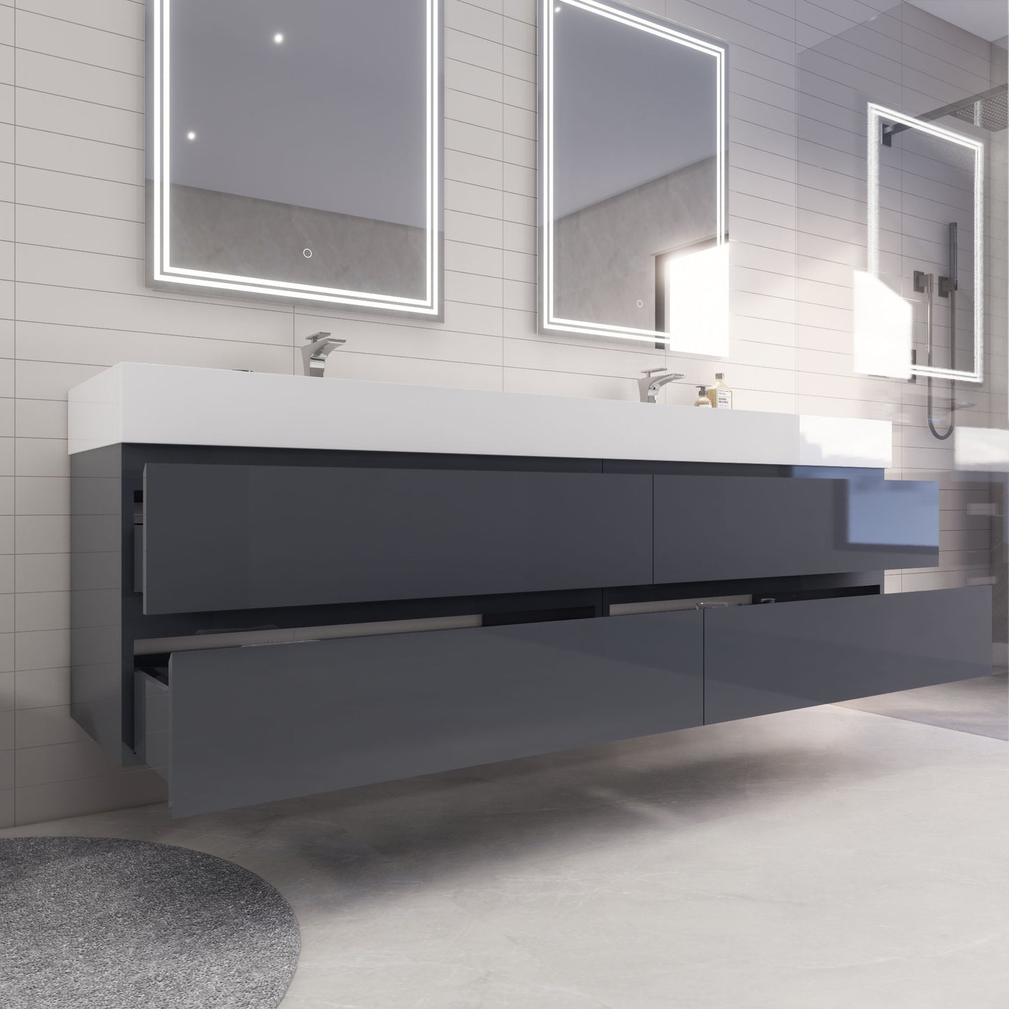Monterey 84" Glossy Gray Wall Mounted Vanity with Reinforced Acrylic Sinks