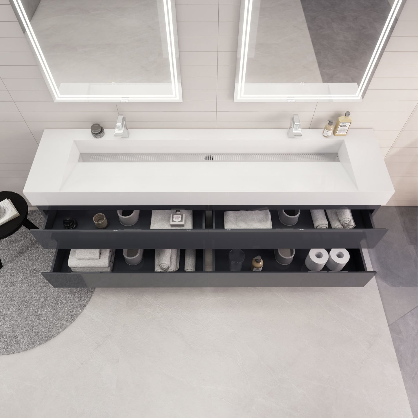 Monterey 84" Glossy Gray Wall Mounted Vanity with Reinforced Acrylic Sinks