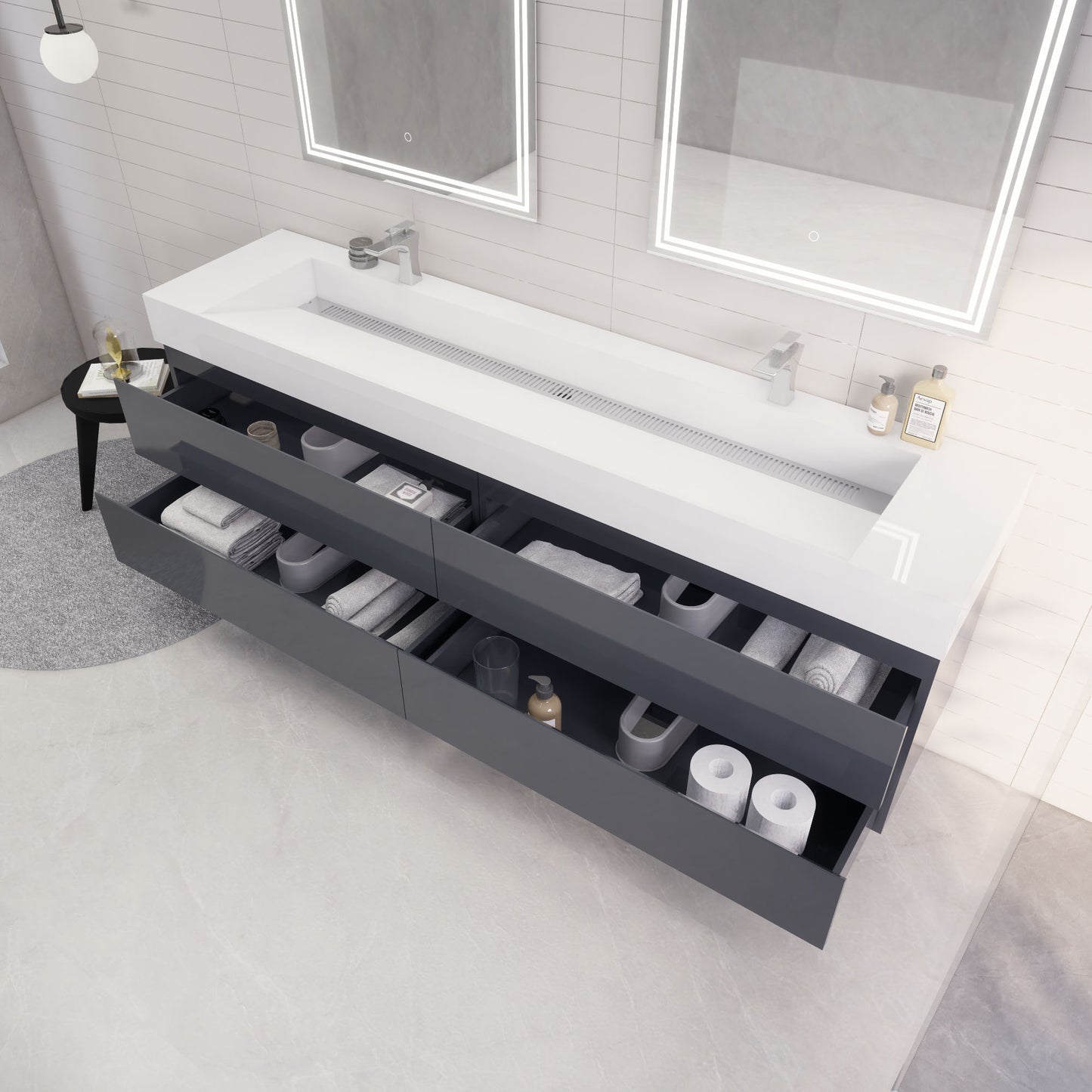 Monterey 84" Glossy Gray Wall Mounted Vanity with Reinforced Acrylic Sinks