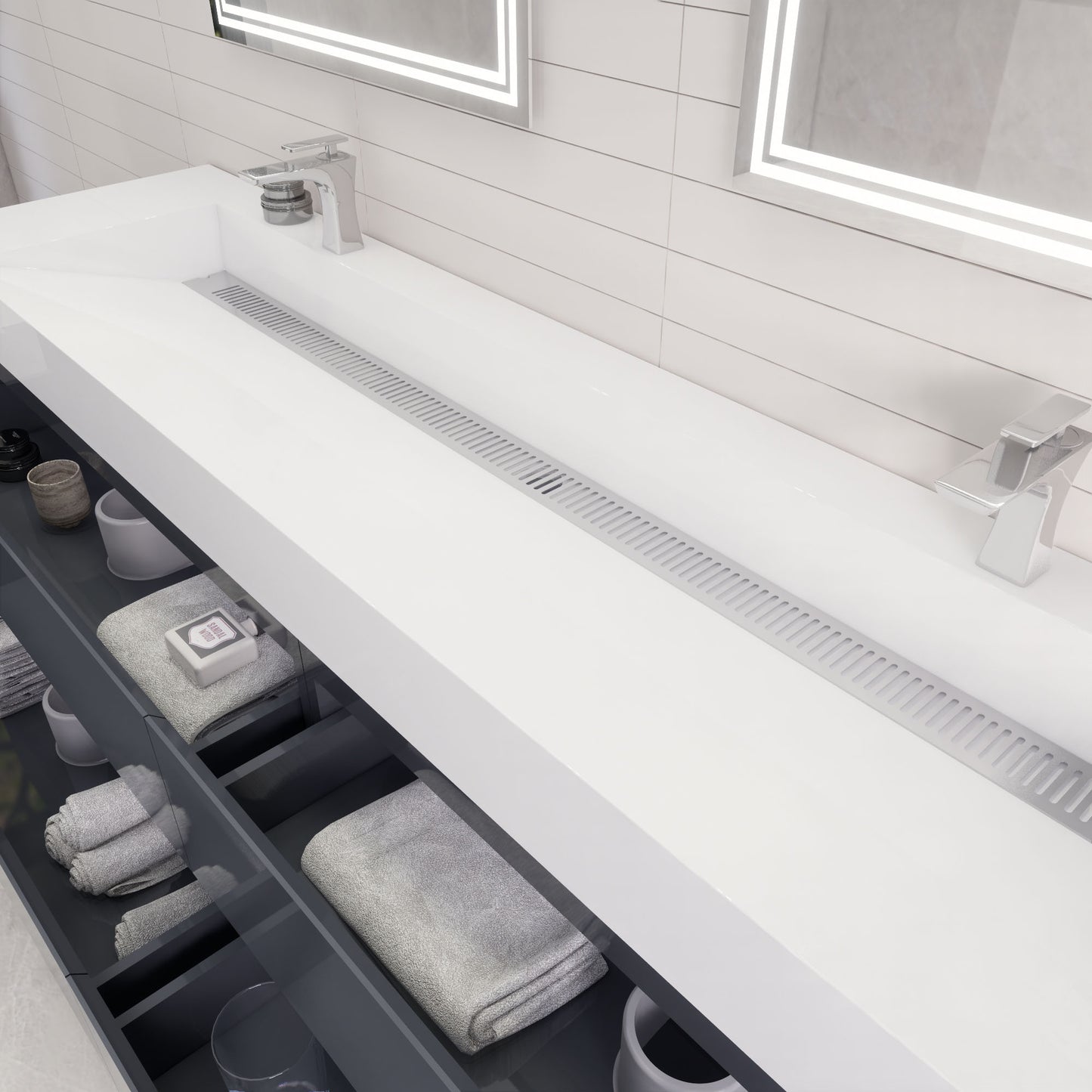 Monterey 84" Glossy Gray Wall Mounted Vanity with Reinforced Acrylic Sinks