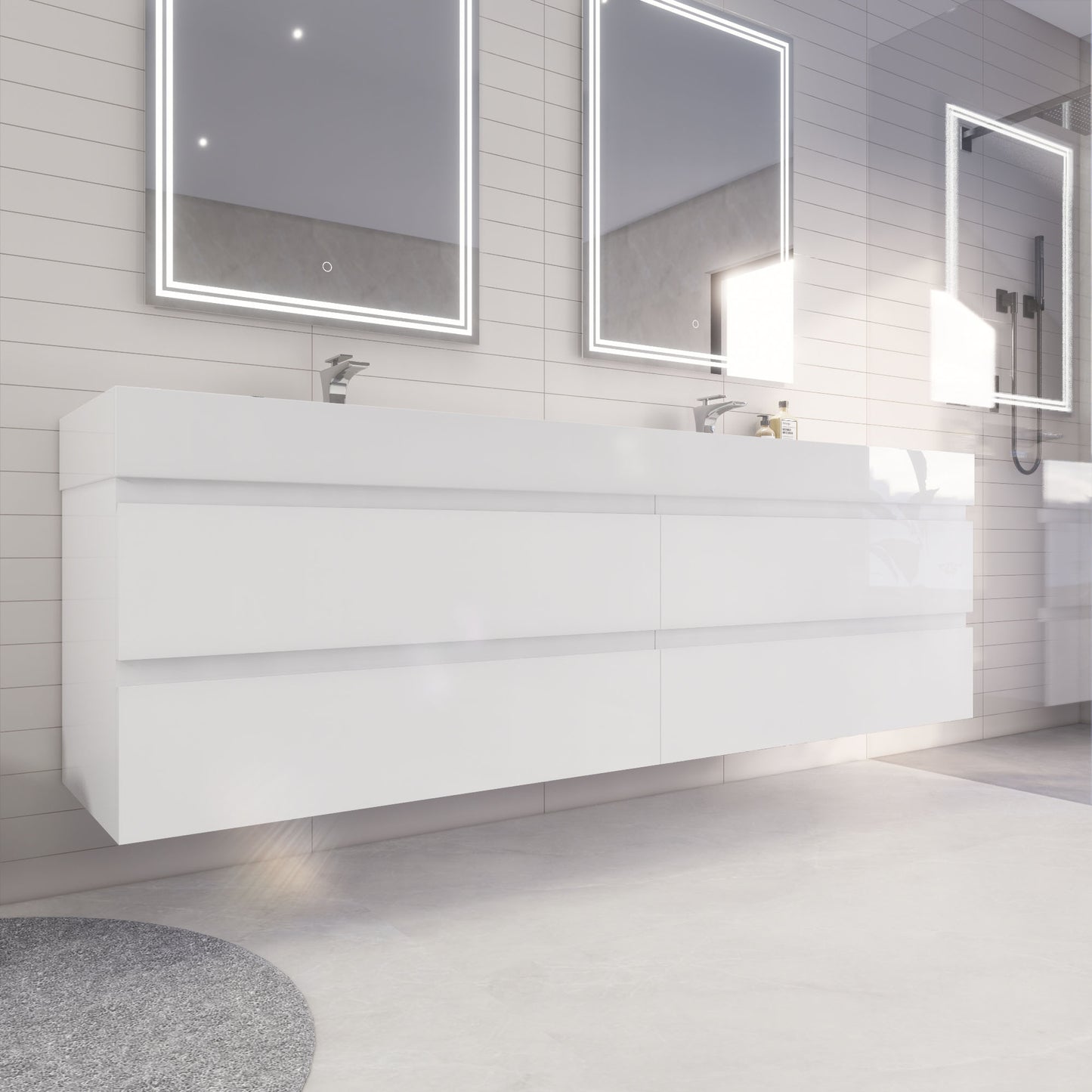 Monterey 84" Glossy White Wall Mounted Vanity with Reinforced Acrylic Sinks