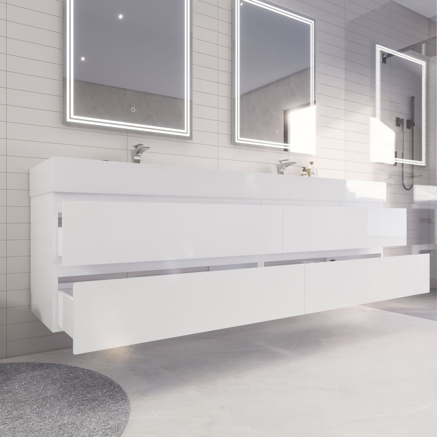 Monterey 84" Glossy White Wall Mounted Vanity with Reinforced Acrylic Sinks