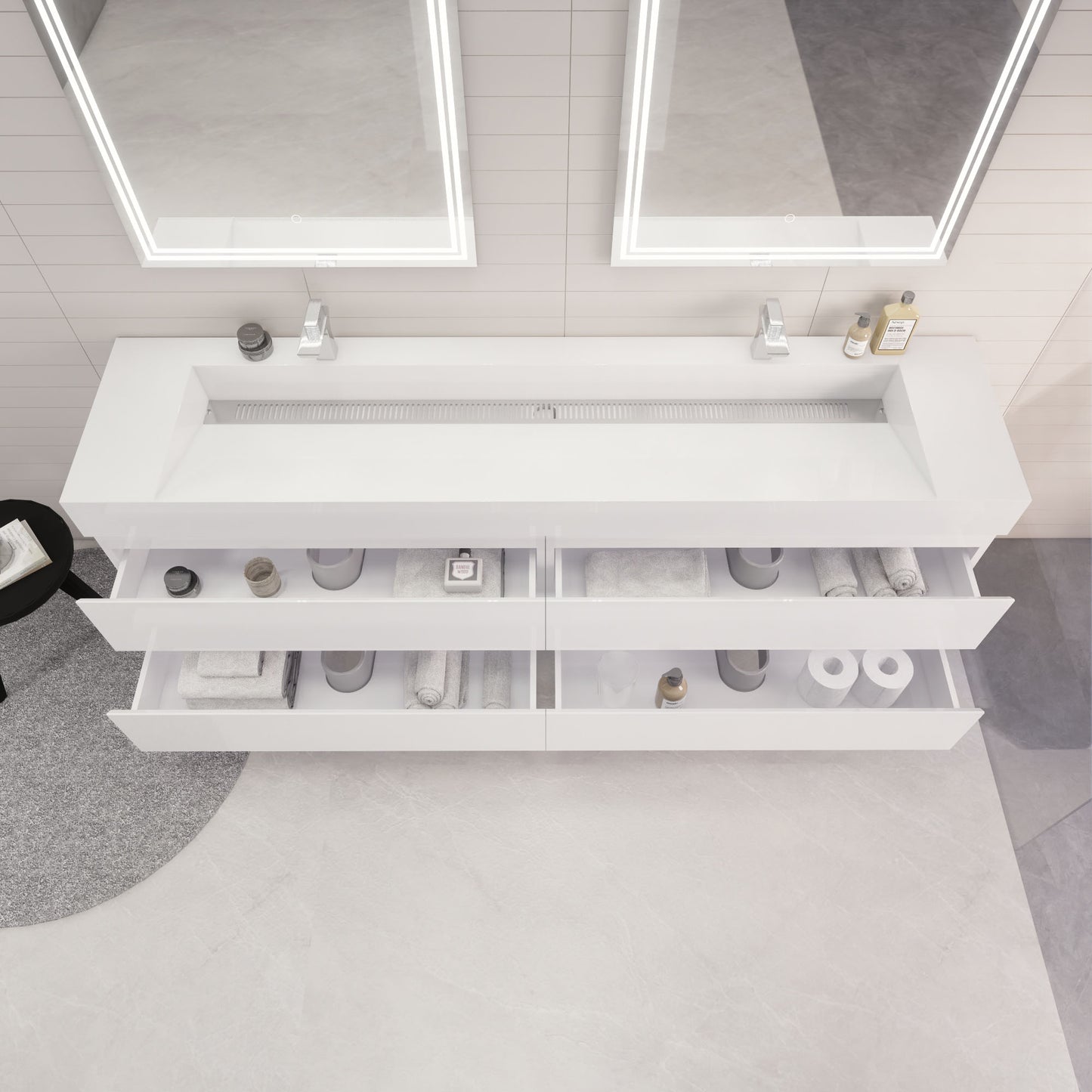 Monterey 84" Glossy White Wall Mounted Vanity with Reinforced Acrylic Sinks