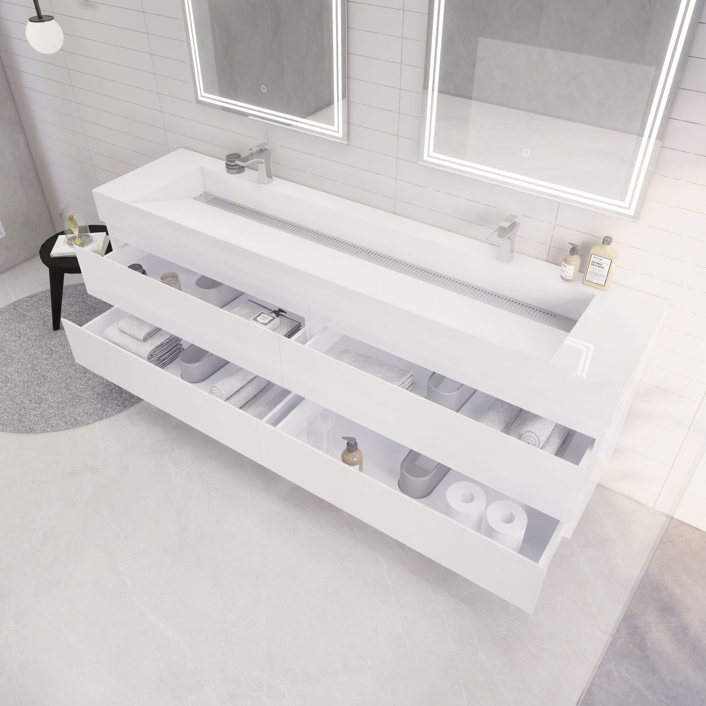 Monterey 84" Glossy White Wall Mounted Vanity with Reinforced Acrylic Sinks