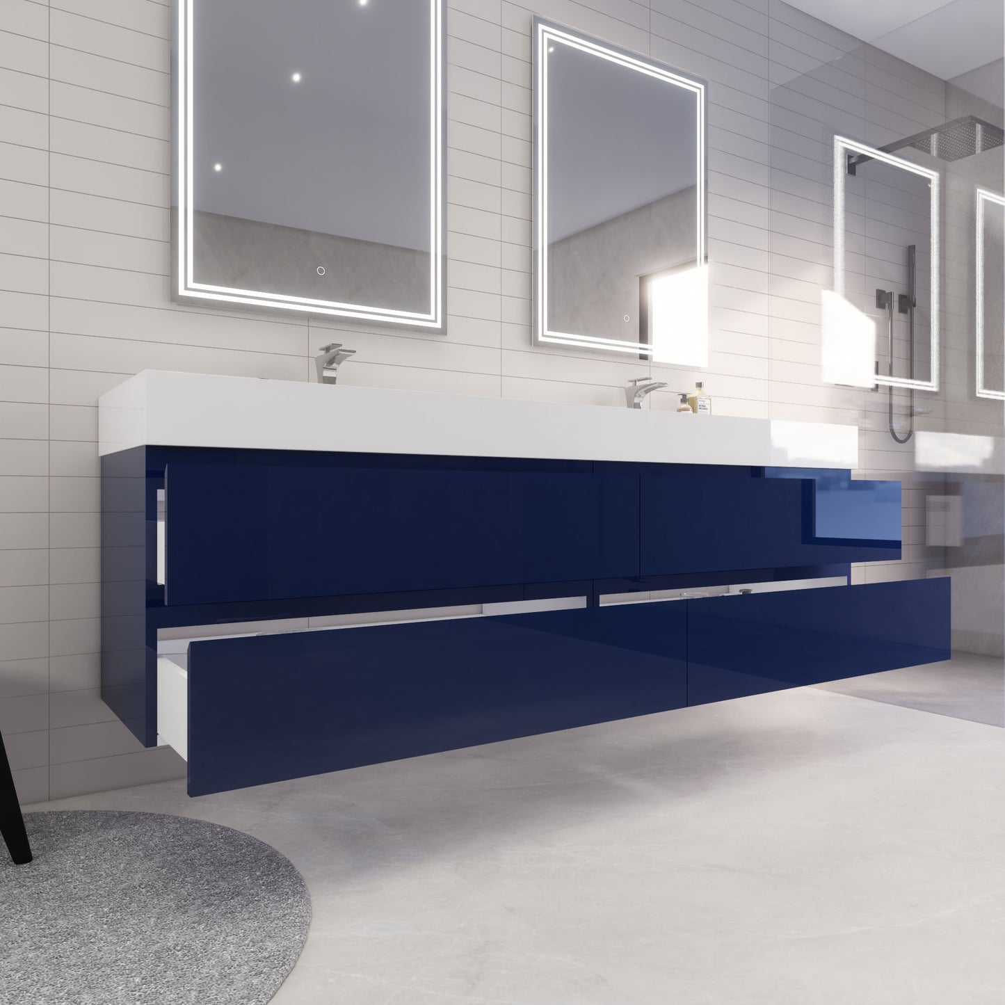 Monterey 84" Night Blue Wall Mounted Vanity with Reinforced Acrylic Sinks