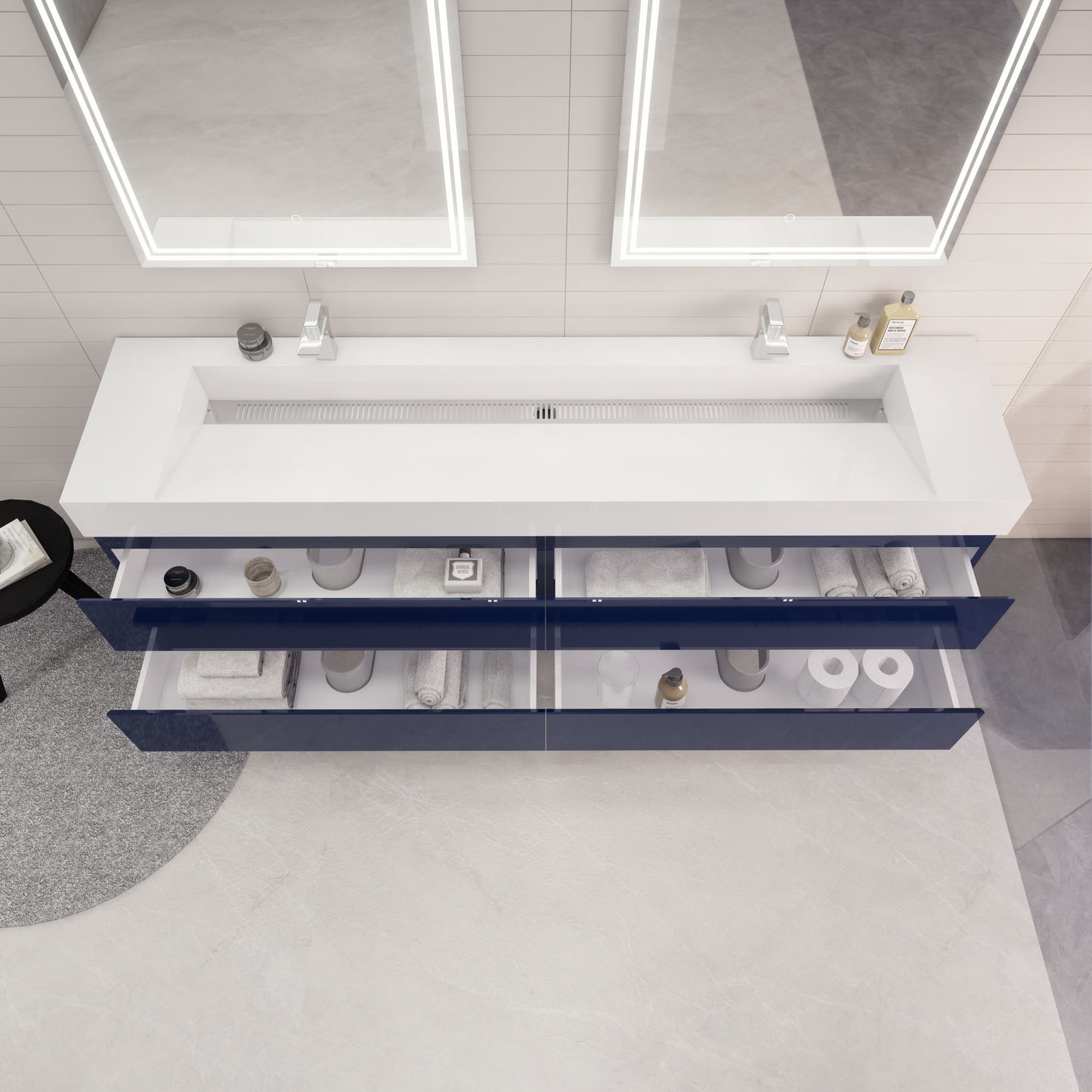 Monterey 84" Night Blue Wall Mounted Vanity with Reinforced Acrylic Sinks
