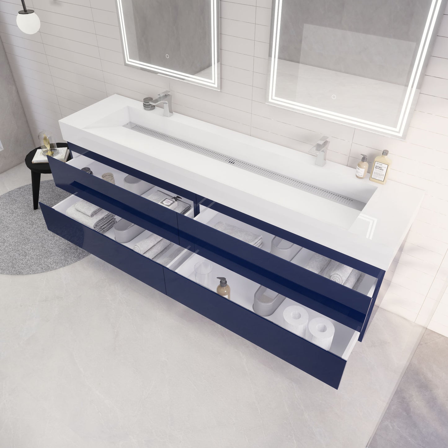 Monterey 84" Night Blue Wall Mounted Vanity with Reinforced Acrylic Sinks