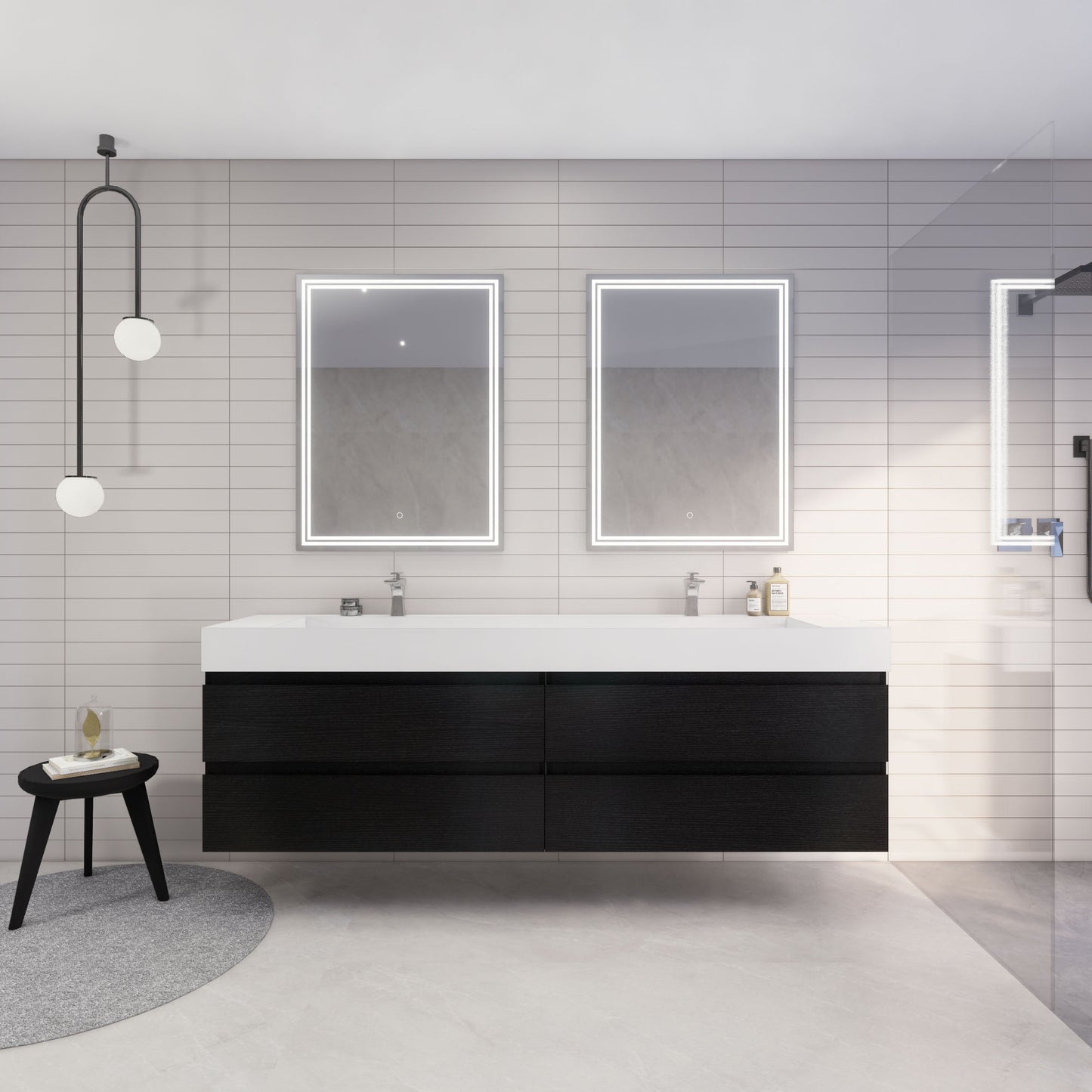 Monterey 84" Rich Black Wall Mounted Vanity with Reinforced Acrylic Sinks