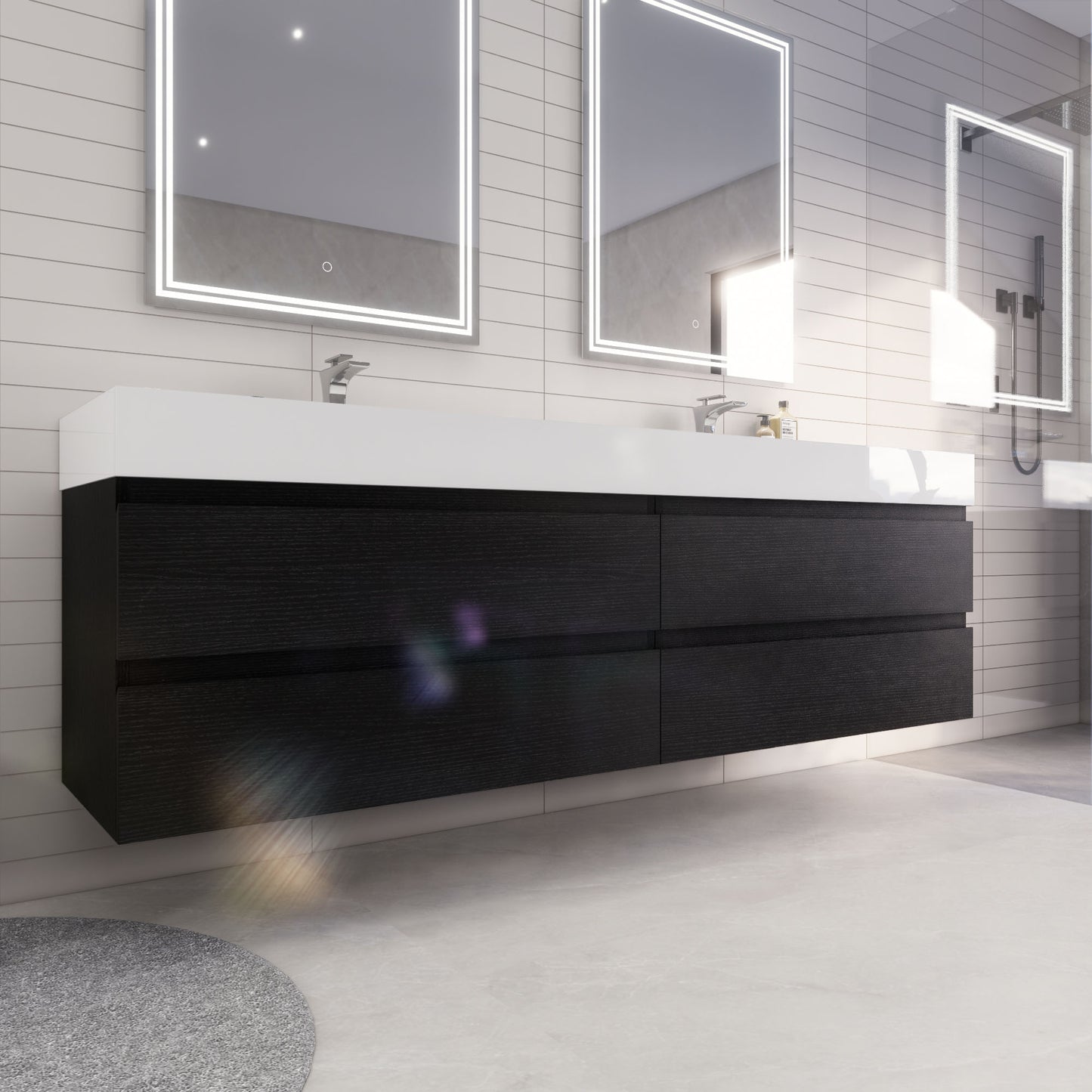 Monterey 84" Rich Black Wall Mounted Vanity with Reinforced Acrylic Sinks