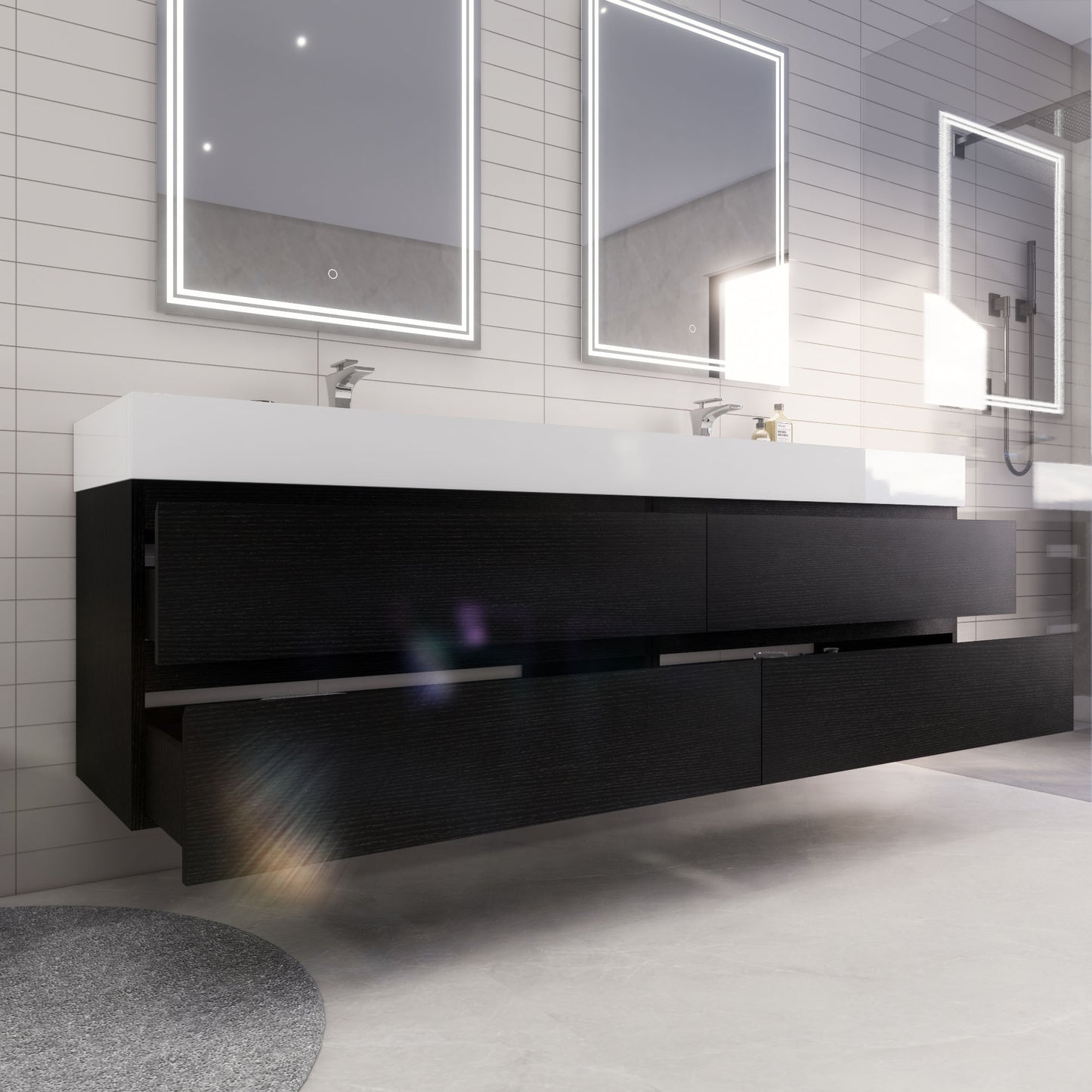 Monterey 84" Rich Black Wall Mounted Vanity with Reinforced Acrylic Sinks