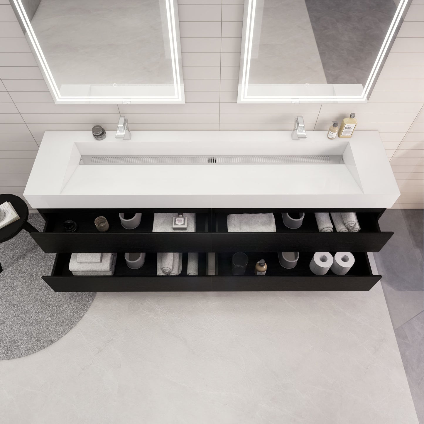 Monterey 84" Rich Black Wall Mounted Vanity with Reinforced Acrylic Sinks