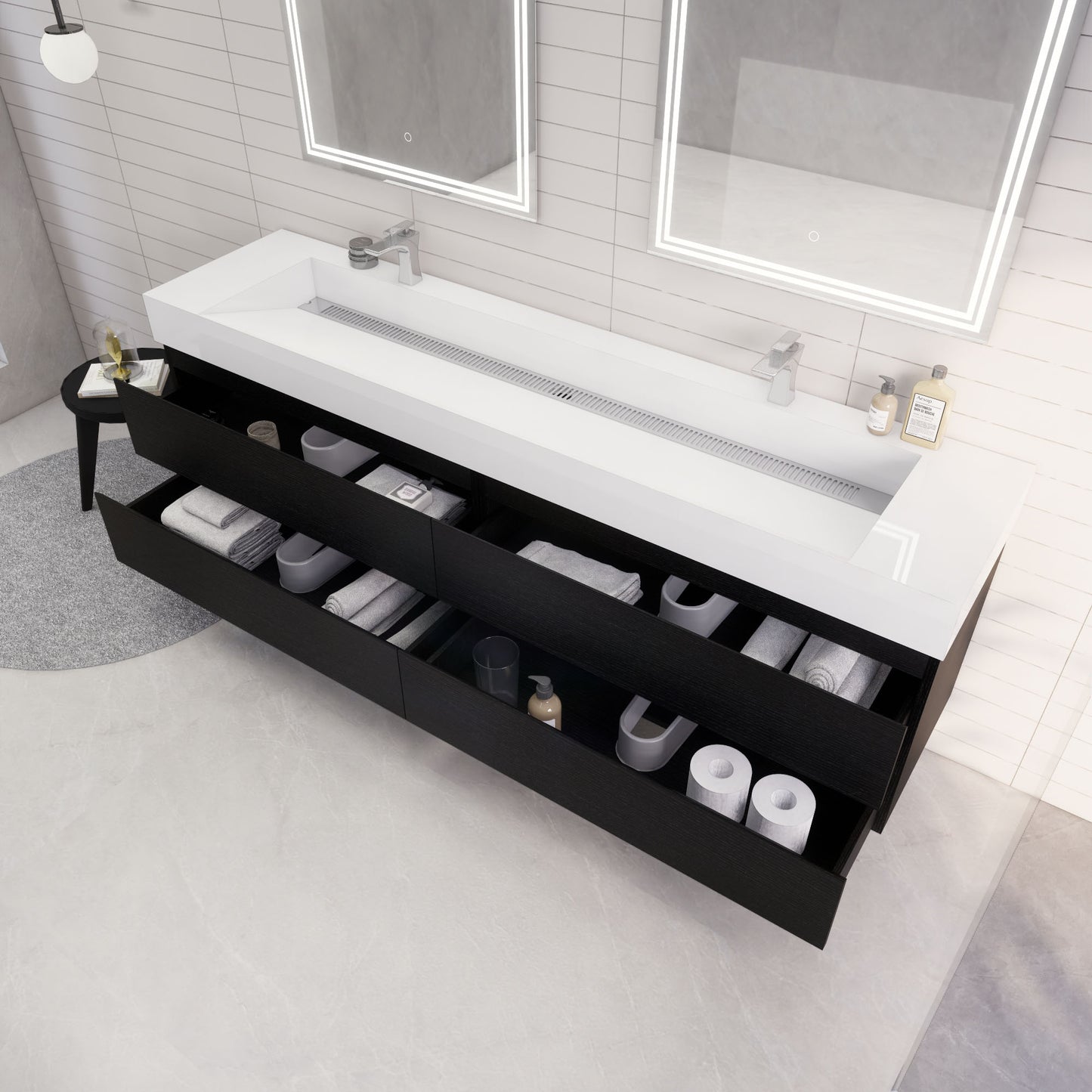 Monterey 84" Rich Black Wall Mounted Vanity with Reinforced Acrylic Sinks