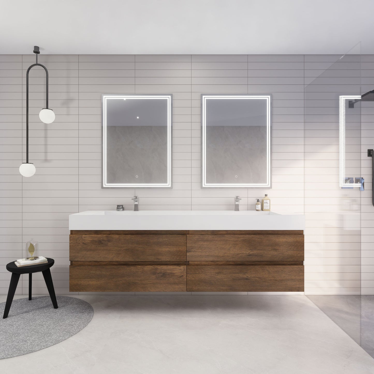Monterey 84" Rosewood Wall Mounted Vanity with Reinforced Acrylic Sinks