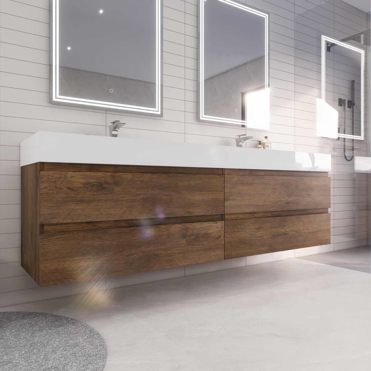 Monterey 84" Rosewood Wall Mounted Vanity with Reinforced Acrylic Sinks