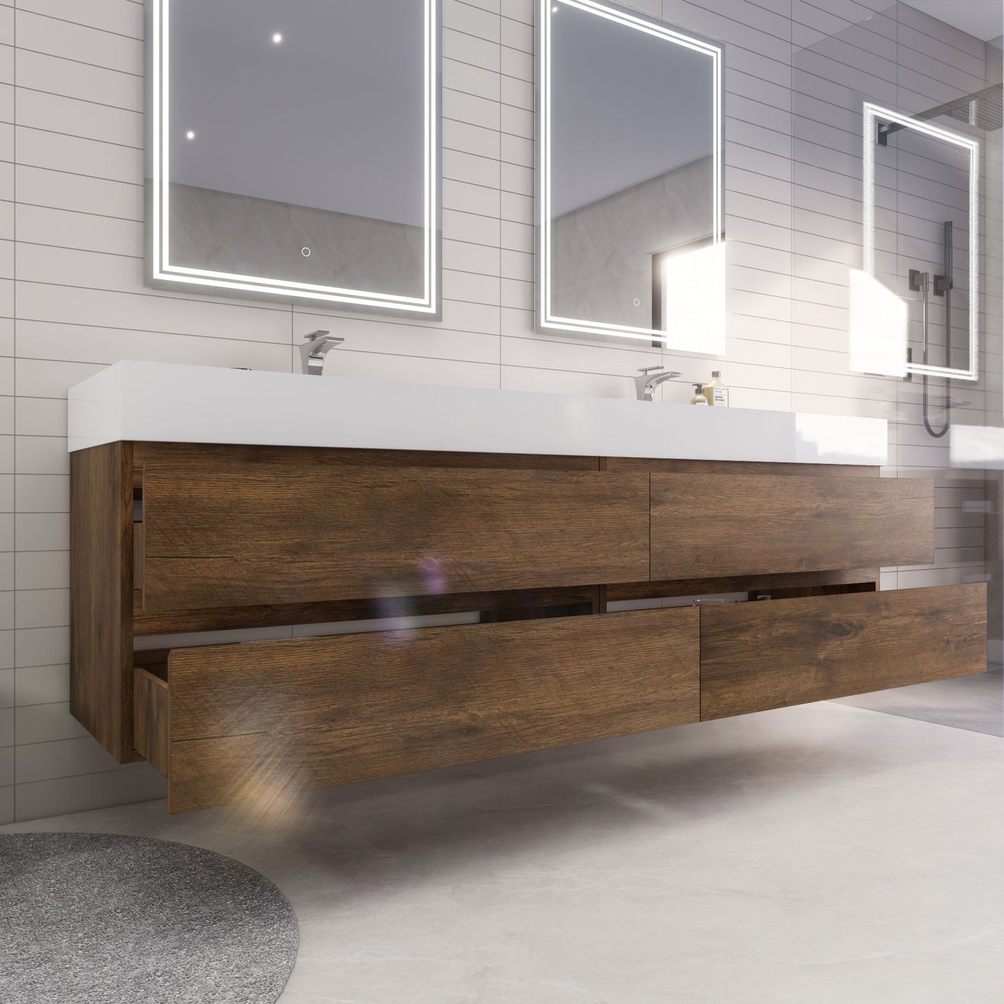 Monterey 84" Rosewood Wall Mounted Vanity with Reinforced Acrylic Sinks